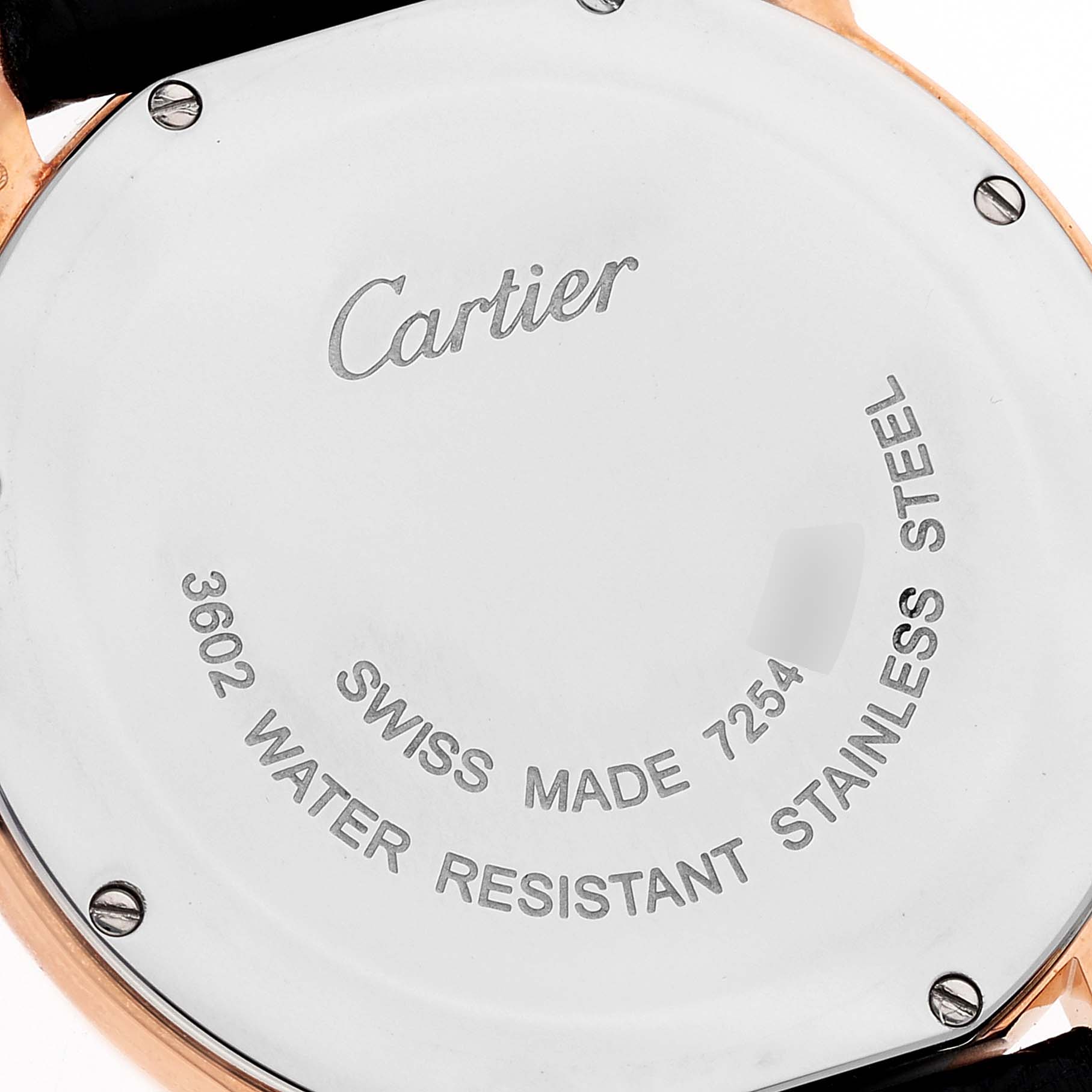 The image shows the back case of the Cartier Tank Solo W6701008 Men's Rose Gold Silver Dial W6701008 Men's Rose Gold Silver Dial watch, highlighting the brand, model, and water resistance information.