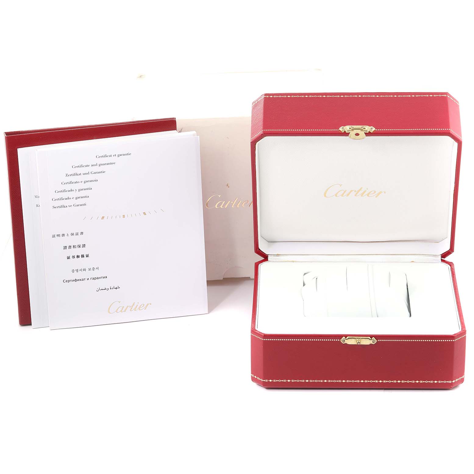 The image shows the Cartier Tank Solo W6701008 Men's Rose Gold Silver Dial W6701008 Men's Rose Gold Silver Dial watch's red box, open, with accompanying booklets and outer packaging.