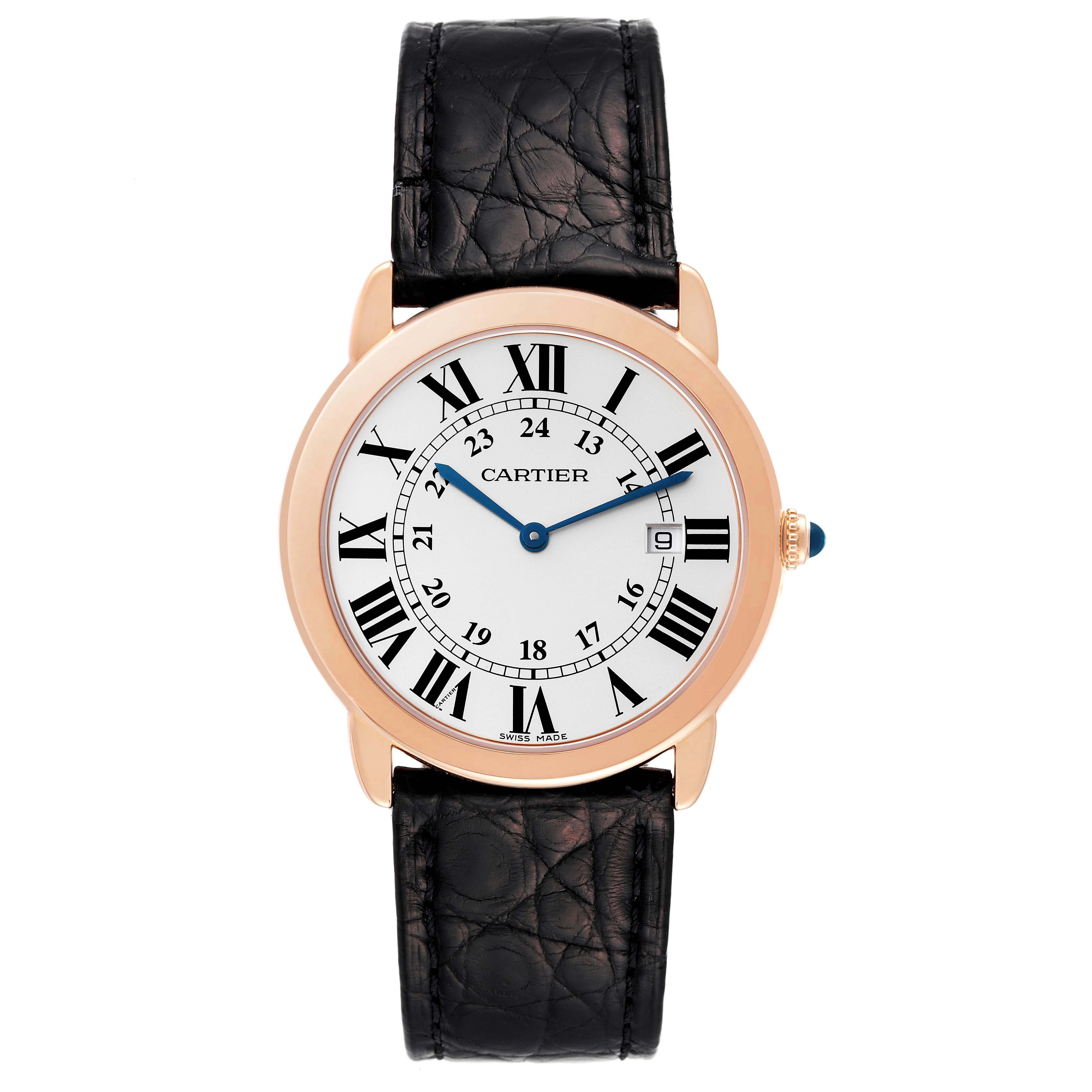 This is a Cartier Tank Solo W6701008 Men's Rose Gold Silver Dial W6701008 Men's Rose Gold Silver Dial watch shown from a top-down angle, featuring its round face, leather strap, and Roman numerals.