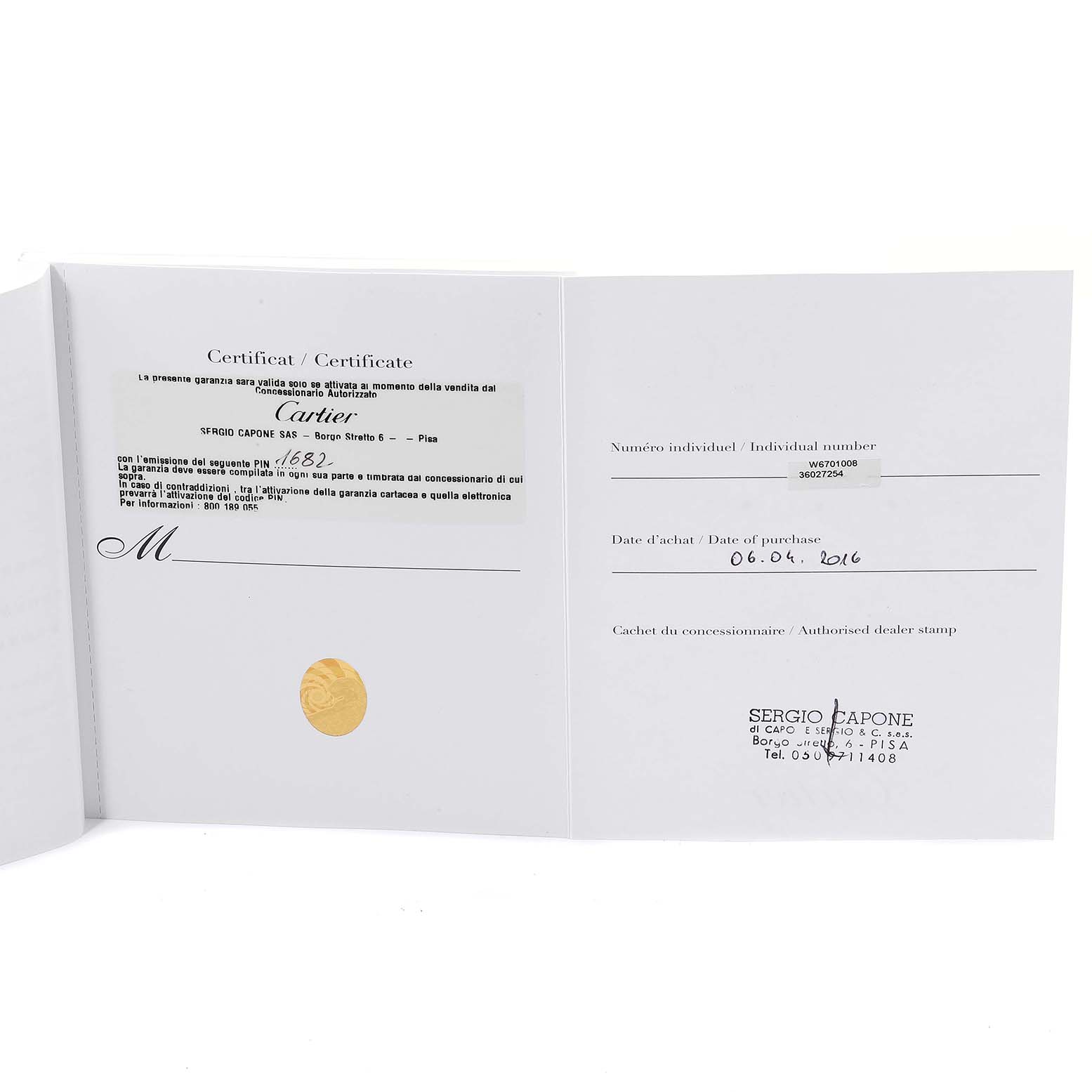 The image shows the certificate book for the Cartier Tank Solo W6701008 Men's Rose Gold Silver Dial W6701008 Men's Rose Gold Silver Dial watch.