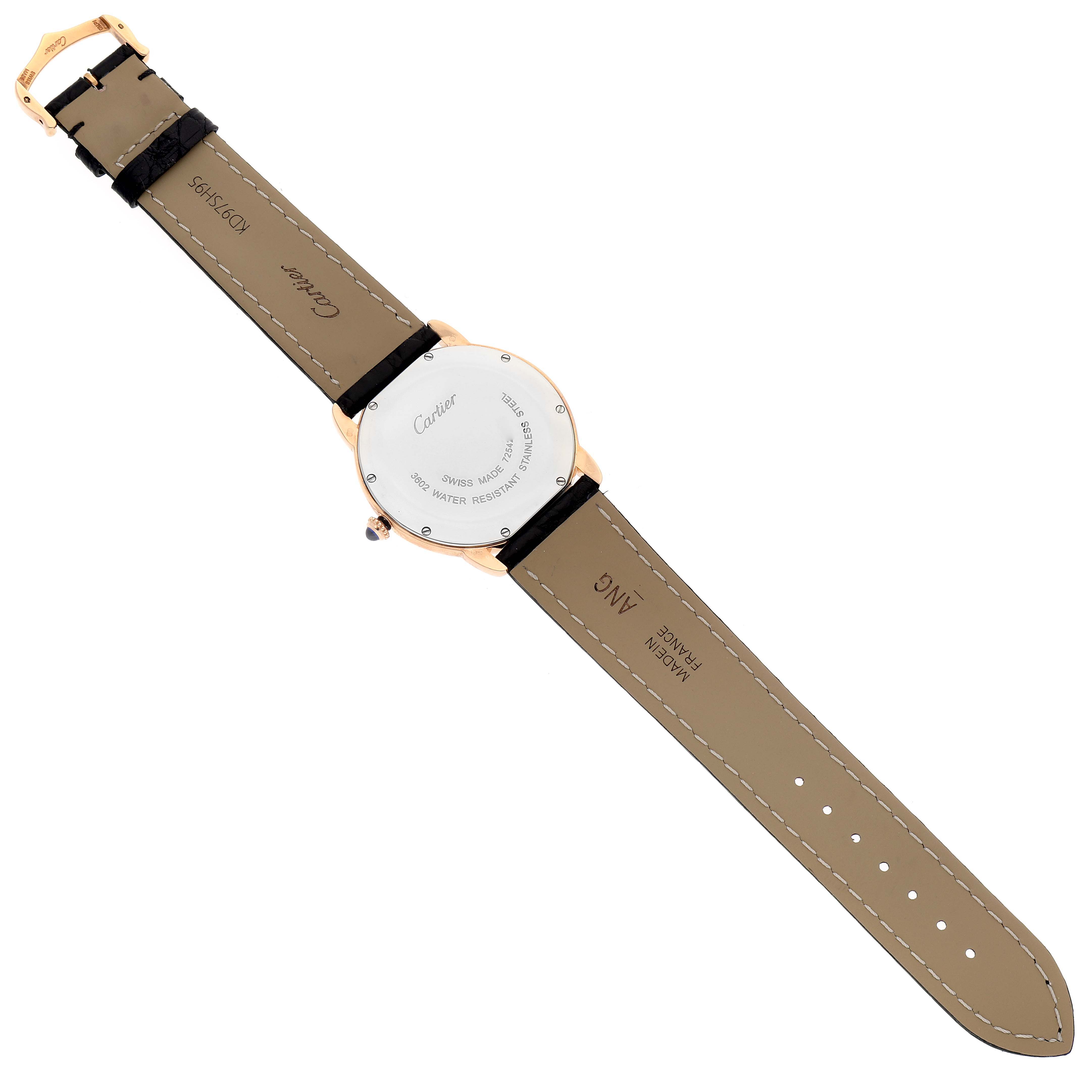 The image shows the back view of a Cartier Tank Solo W6701008 Men's Rose Gold Silver Dial W6701008 Men's Rose Gold Silver Dial watch, highlighting the case back and leather straps.