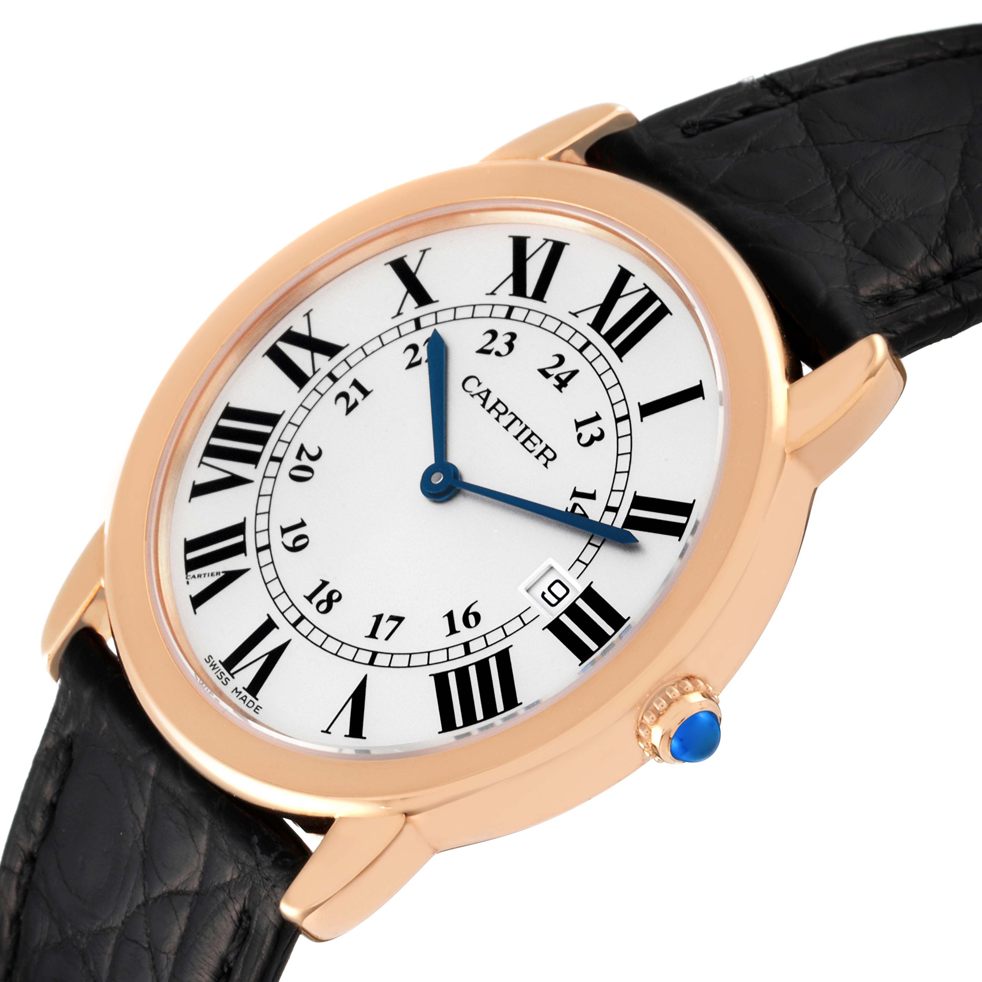 The Cartier Tank Solo W6701008 Men's Rose Gold Silver Dial W6701008 Men's Rose Gold Silver Dial watch is shown at an angled close-up, highlighting its round face, Roman numerals, and leather strap.