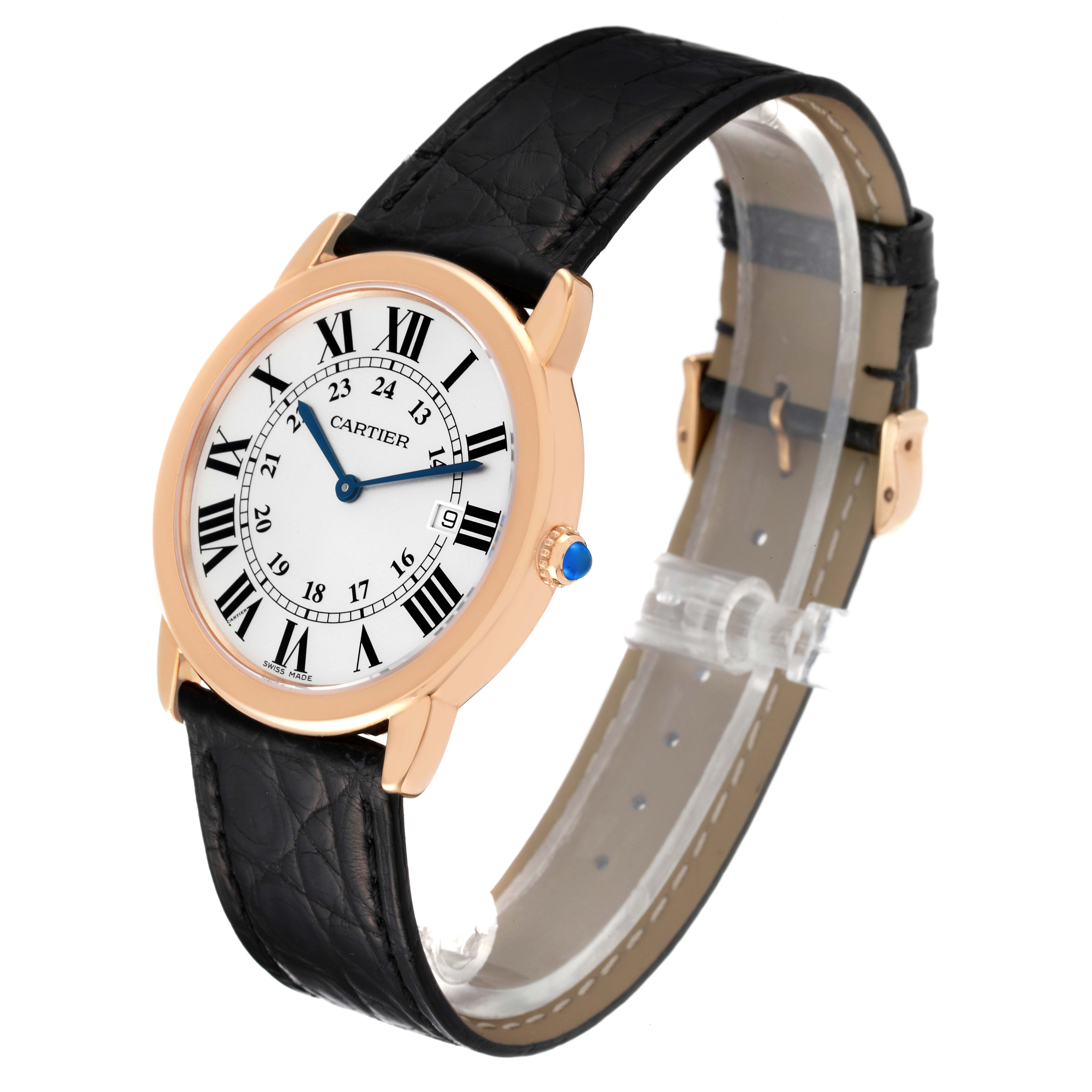 The image shows a Cartier Tank Solo W6701008 Men's Rose Gold Silver Dial W6701008 Men's Rose Gold Silver Dial watch from a front-right angle, highlighting its face, strap, and crown.