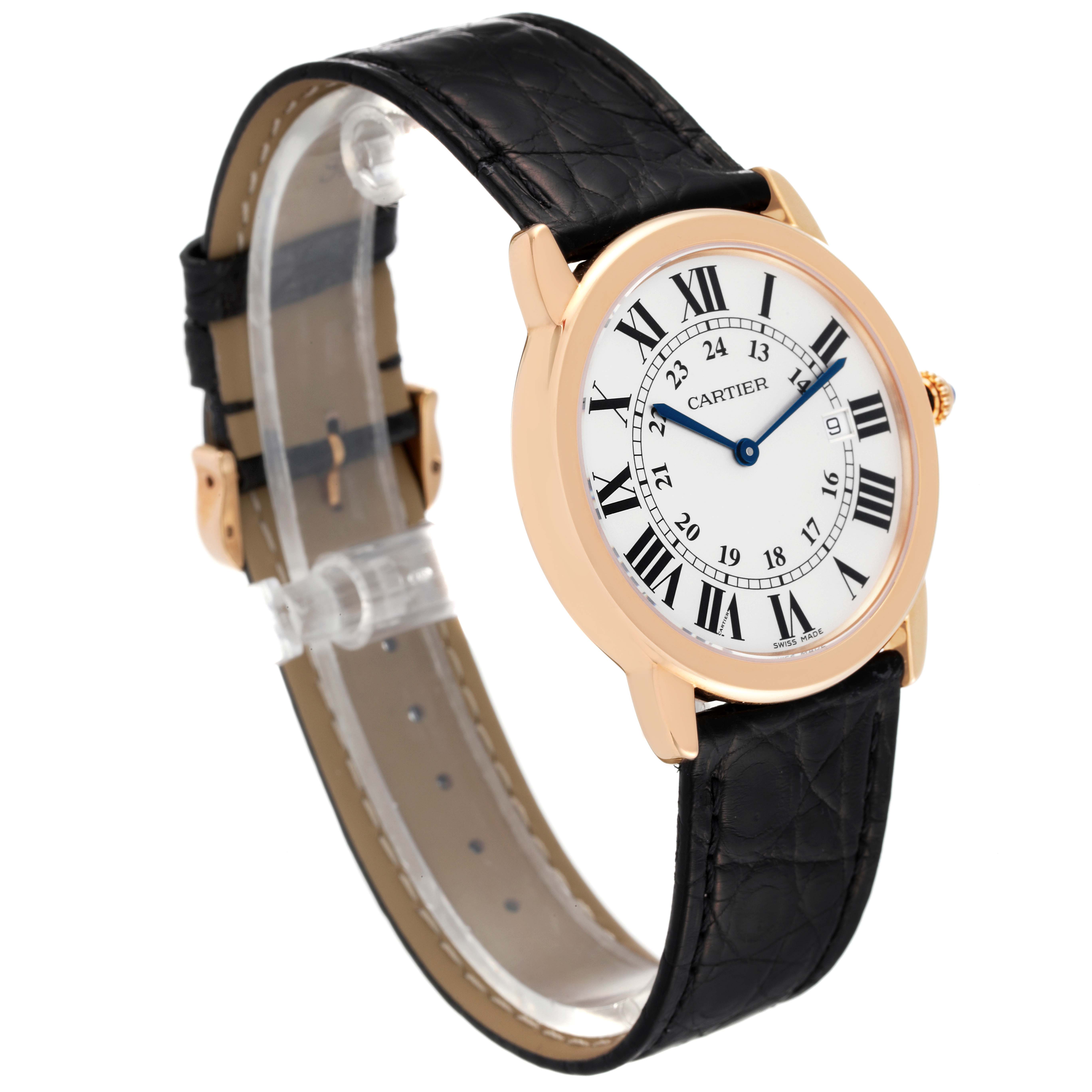 The Cartier Tank Solo W6701008 Men's Rose Gold Silver Dial W6701008 Men's Rose Gold Silver Dial watch is displayed at a three-quarter angle, highlighting its face, strap, and side profile.