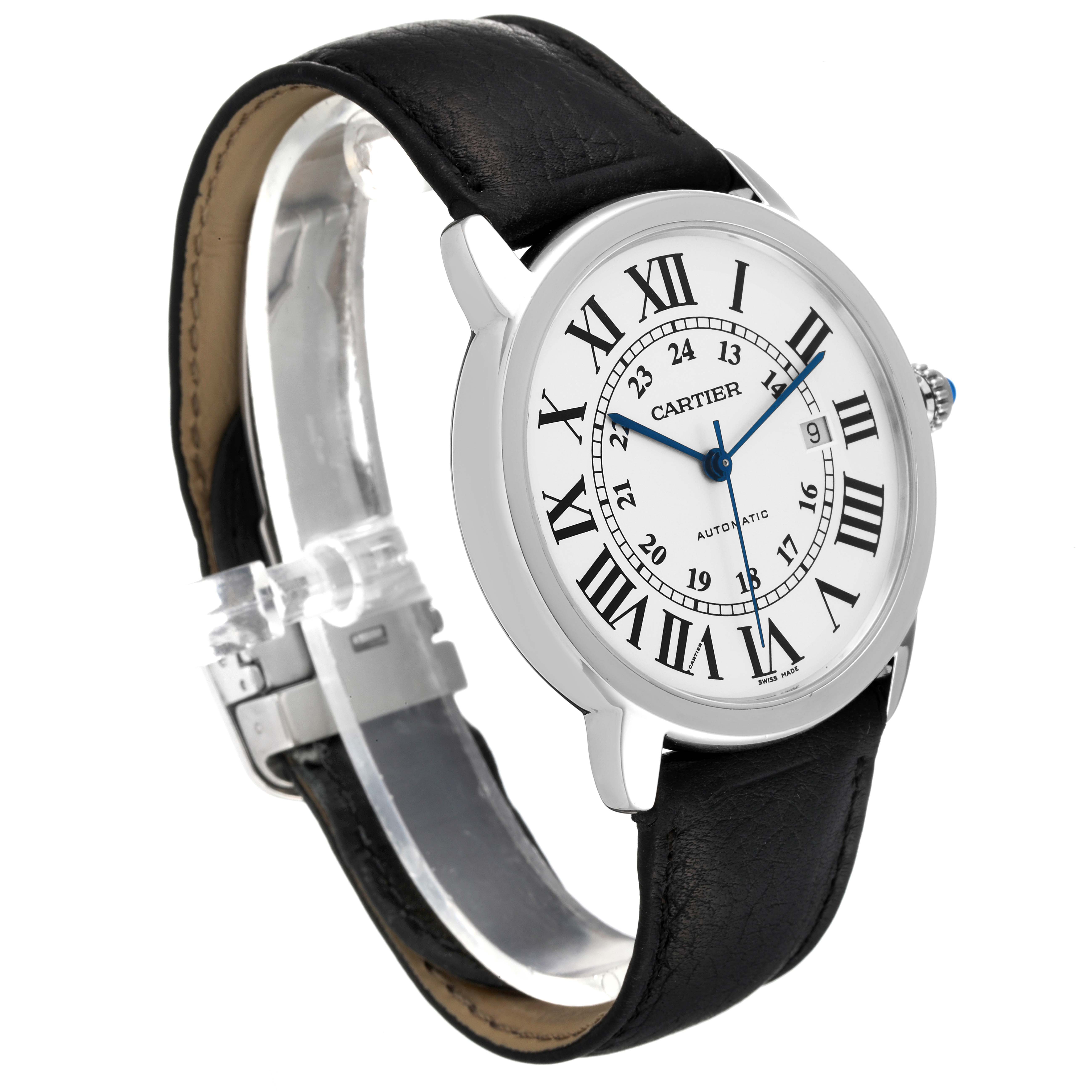 This image shows a side-angle view of a Cartier Tank Solo W6701011 Men's Stainless Steel Silver Dial W6701011 Men's Stainless Steel Silver Dial watch, emphasizing the face, strap, and side crown.