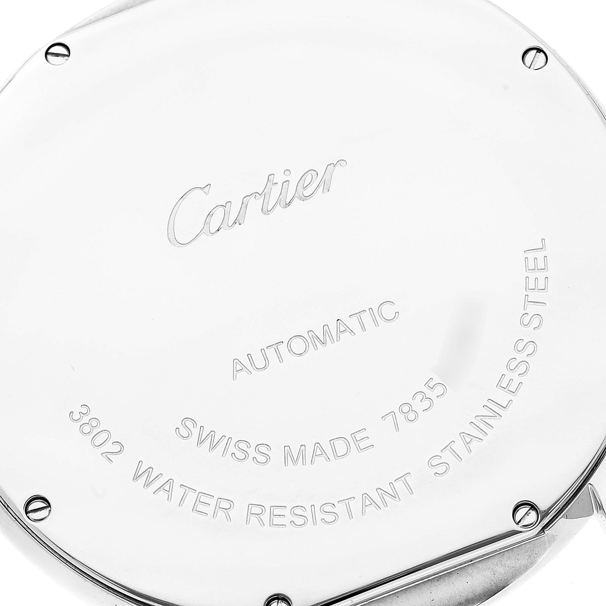 The image shows the back of a Cartier Tank Solo W6701011 Men's Stainless Steel Silver Dial W6701011 Men's Stainless Steel Silver Dial watch, highlighting the engravings and screws.