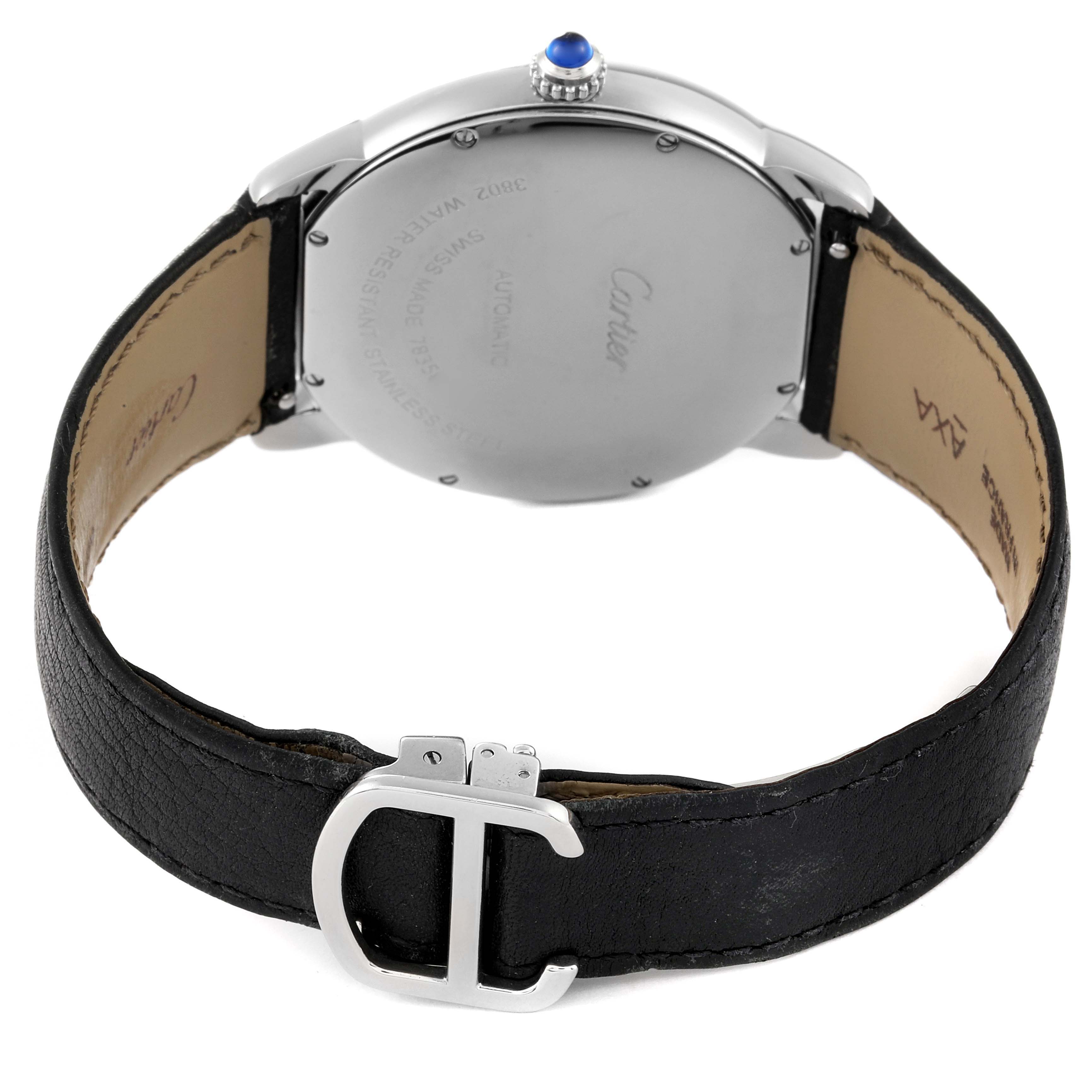 This image shows the back view of the Cartier Tank Solo W6701011 Men's Stainless Steel Silver Dial W6701011 Men's Stainless Steel Silver Dial watch, highlighting the case back, strap, and buckle.