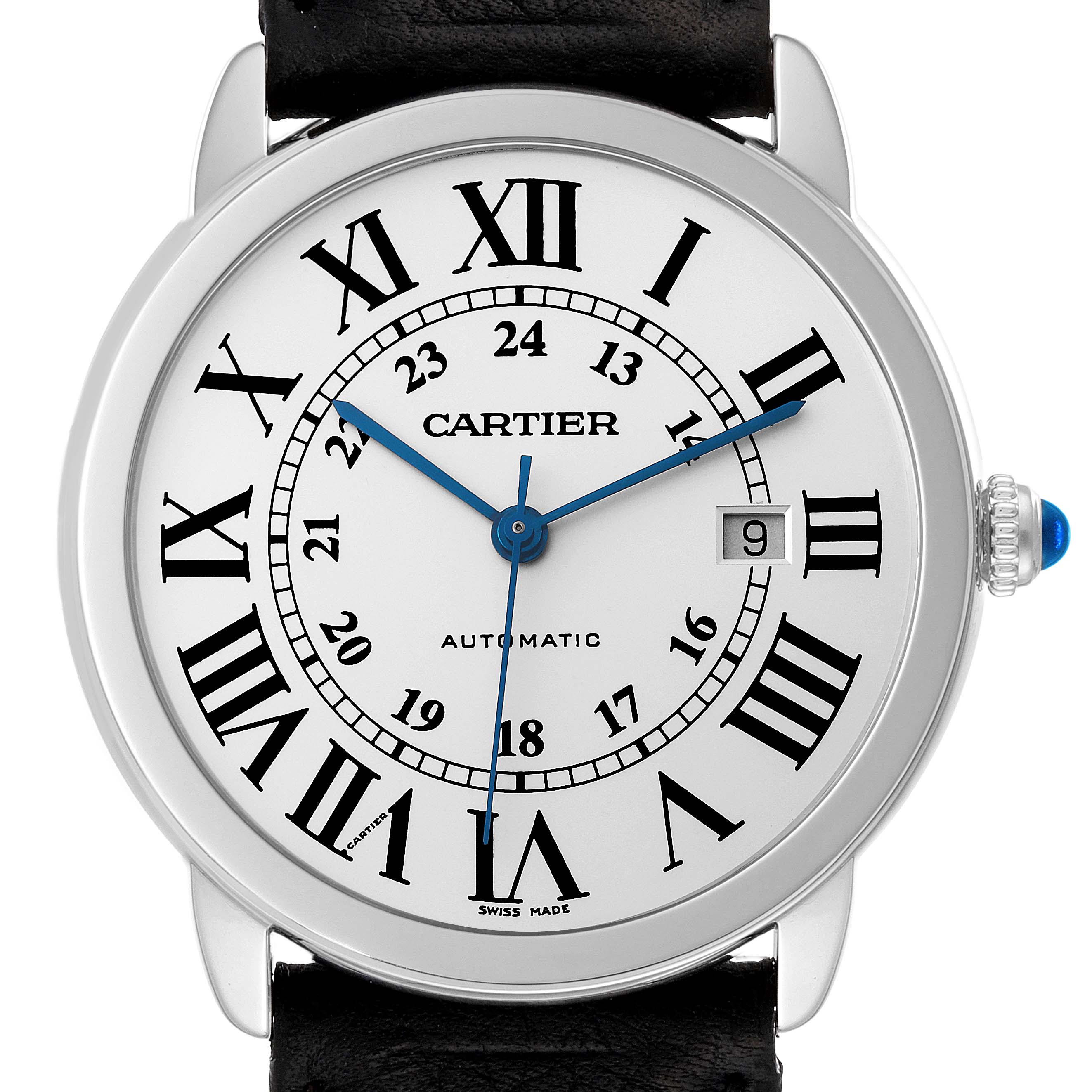 This image features a close-up, front view of a Cartier Tank Solo W6701011 Men's Stainless Steel Silver Dial W6701011 Men's Stainless Steel Silver Dial model watch.