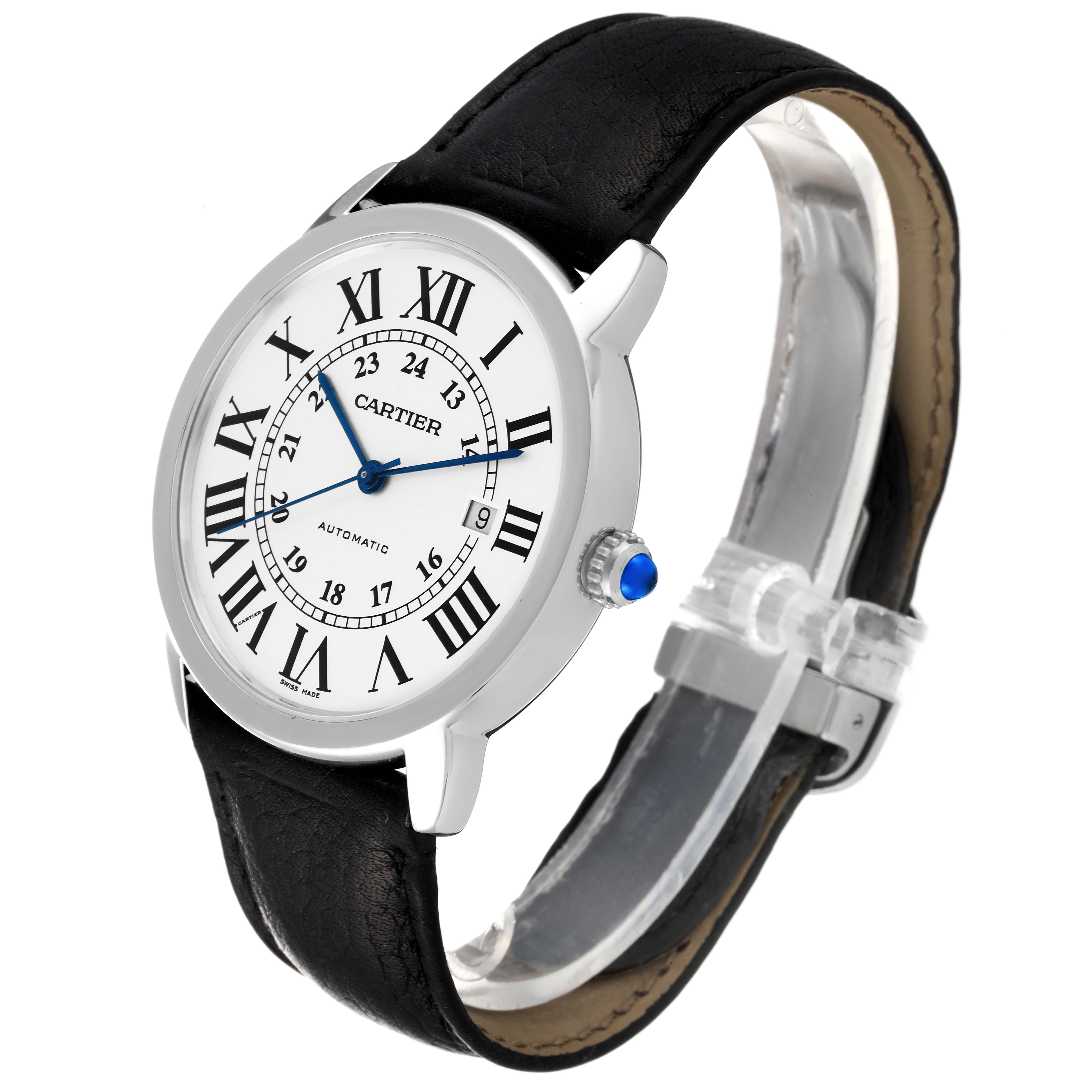 This Tank Solo model by Cartier is shown from a front angle, displaying its round dial, Roman numerals, blue hands, and black leather strap.