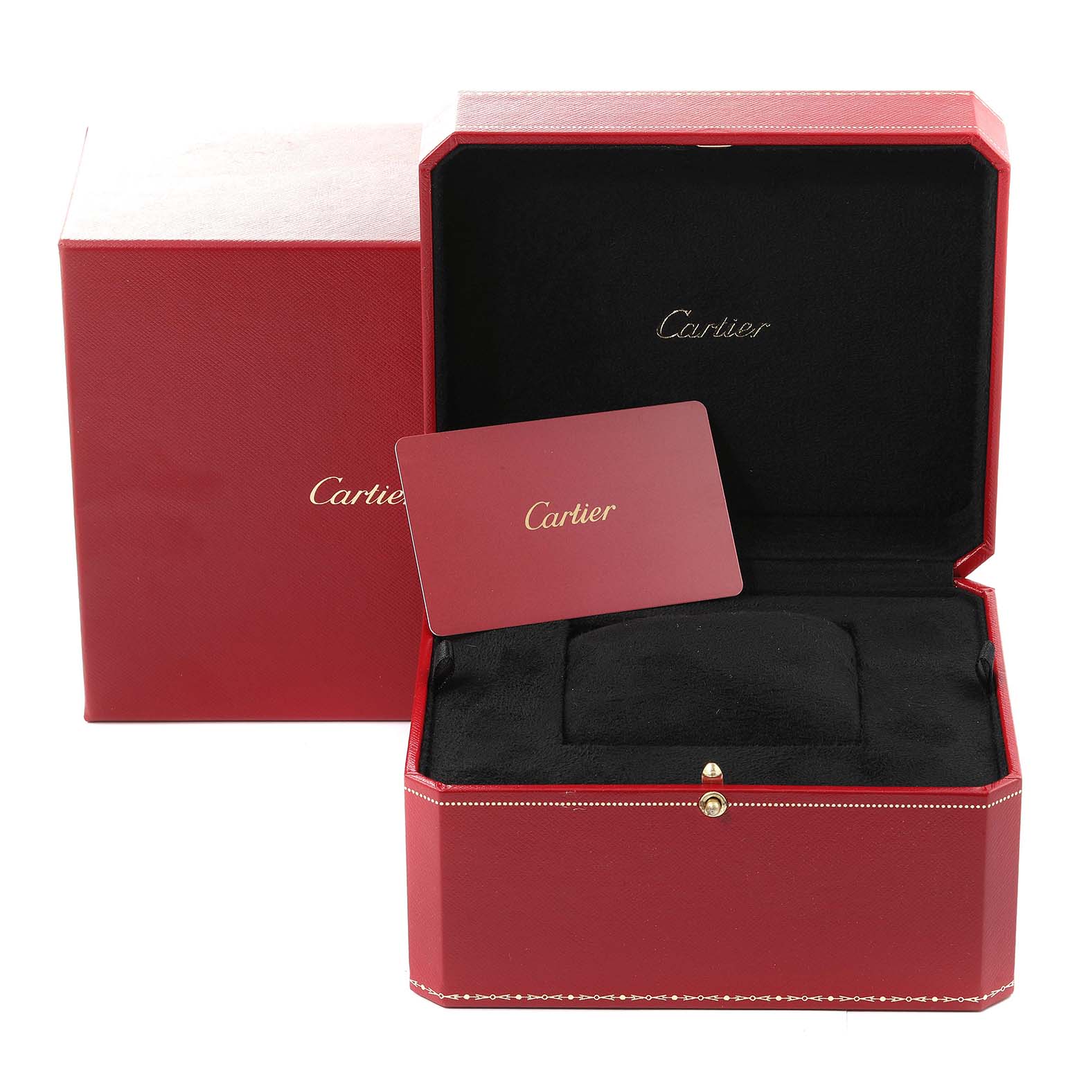 The image shows an open Cartier red watch box with "Cartier" card, used for the Tank Solo model.