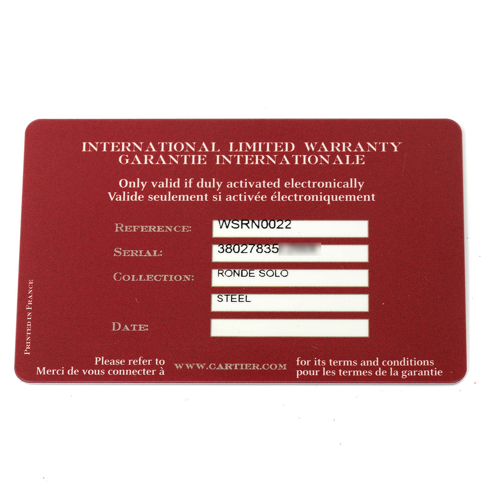 This image shows the International Limited Warranty card for a Cartier Tank Solo W6701011 Men's Stainless Steel Silver Dial W6701011 Men's Stainless Steel Silver Dial model watch.