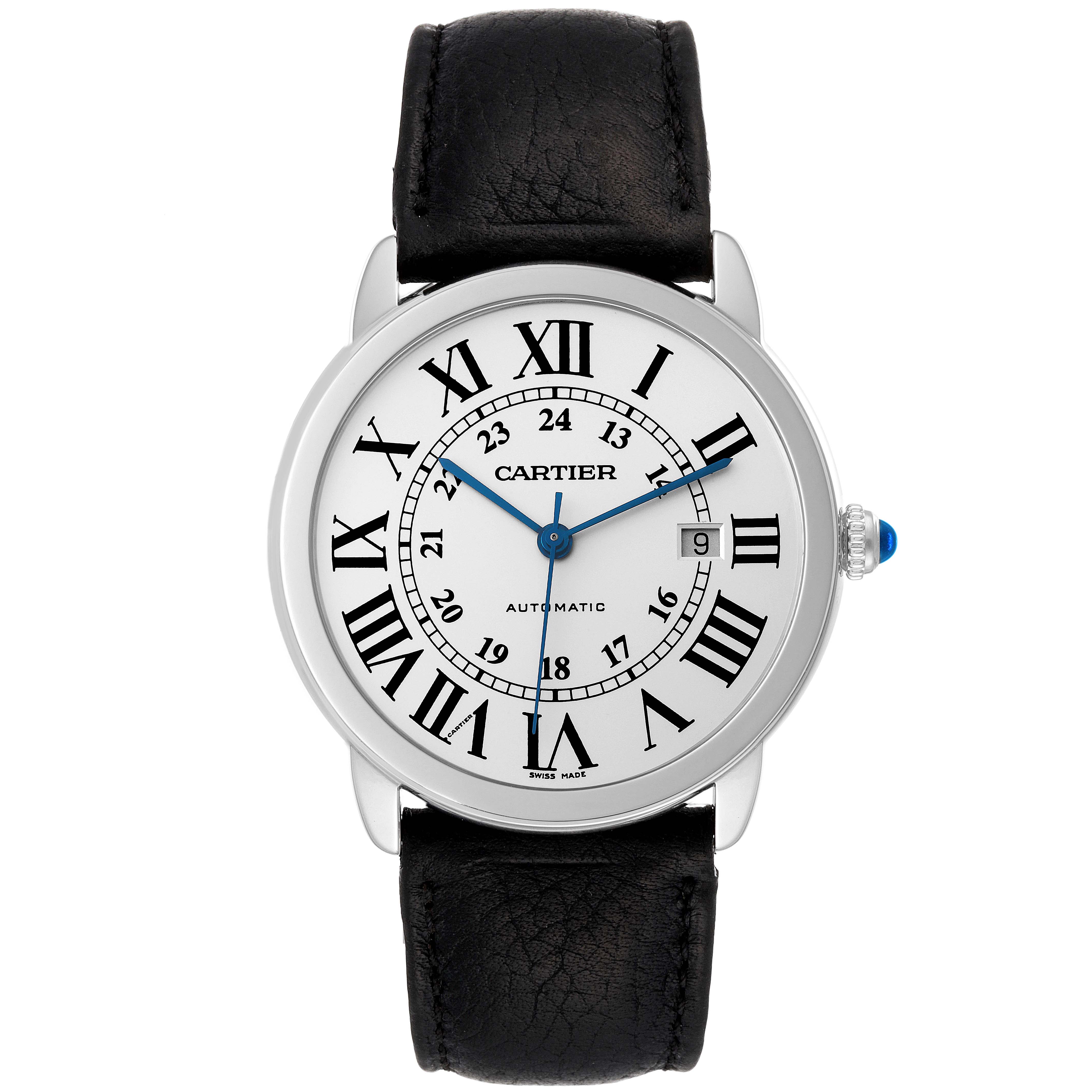 The image shows a Cartier Tank Solo W6701011 Men's Stainless Steel Silver Dial W6701011 Men's Stainless Steel Silver Dial watch from a top-view angle, highlighting its round face, Roman numeral markers, and black leather strap.