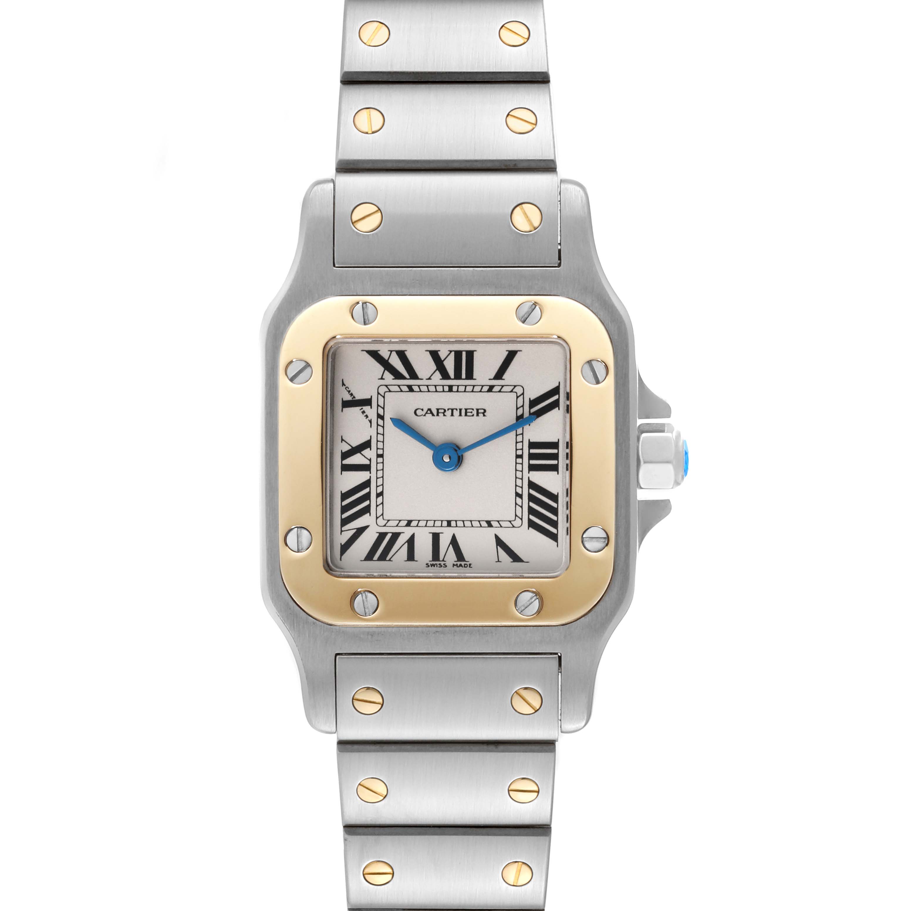 This image shows a front view of a Cartier Santos W20012C4 Women's Stainless Steel Silver Dial W20012C4 Women's Stainless Steel Silver Dial watch with a stainless steel and gold bracelet.