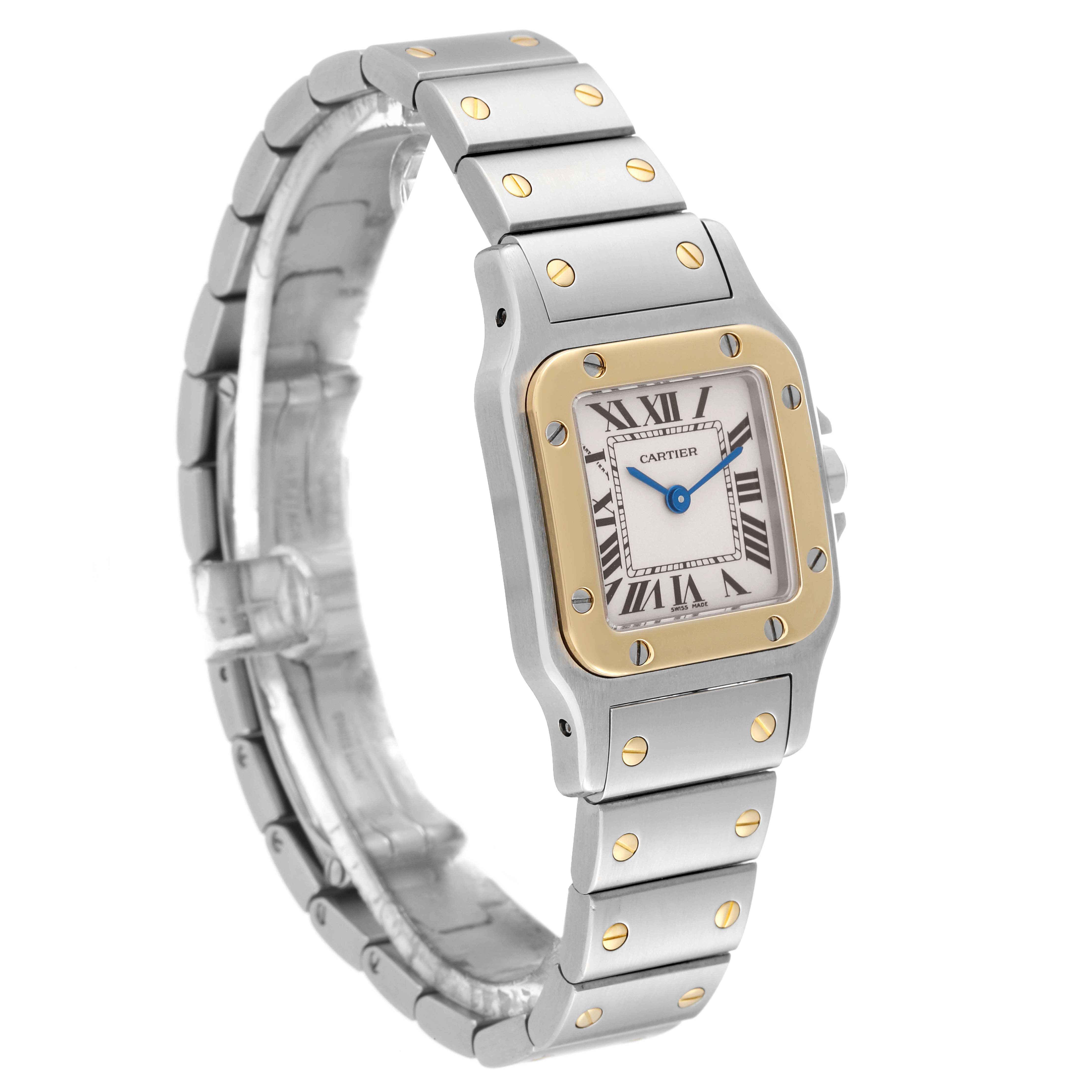The image shows a side and front angle of a Cartier Santos W20012C4 Women's Stainless Steel Silver Dial W20012C4 Women's Stainless Steel Silver Dial watch, highlighting its square dial, bezel, and metal bracelet.