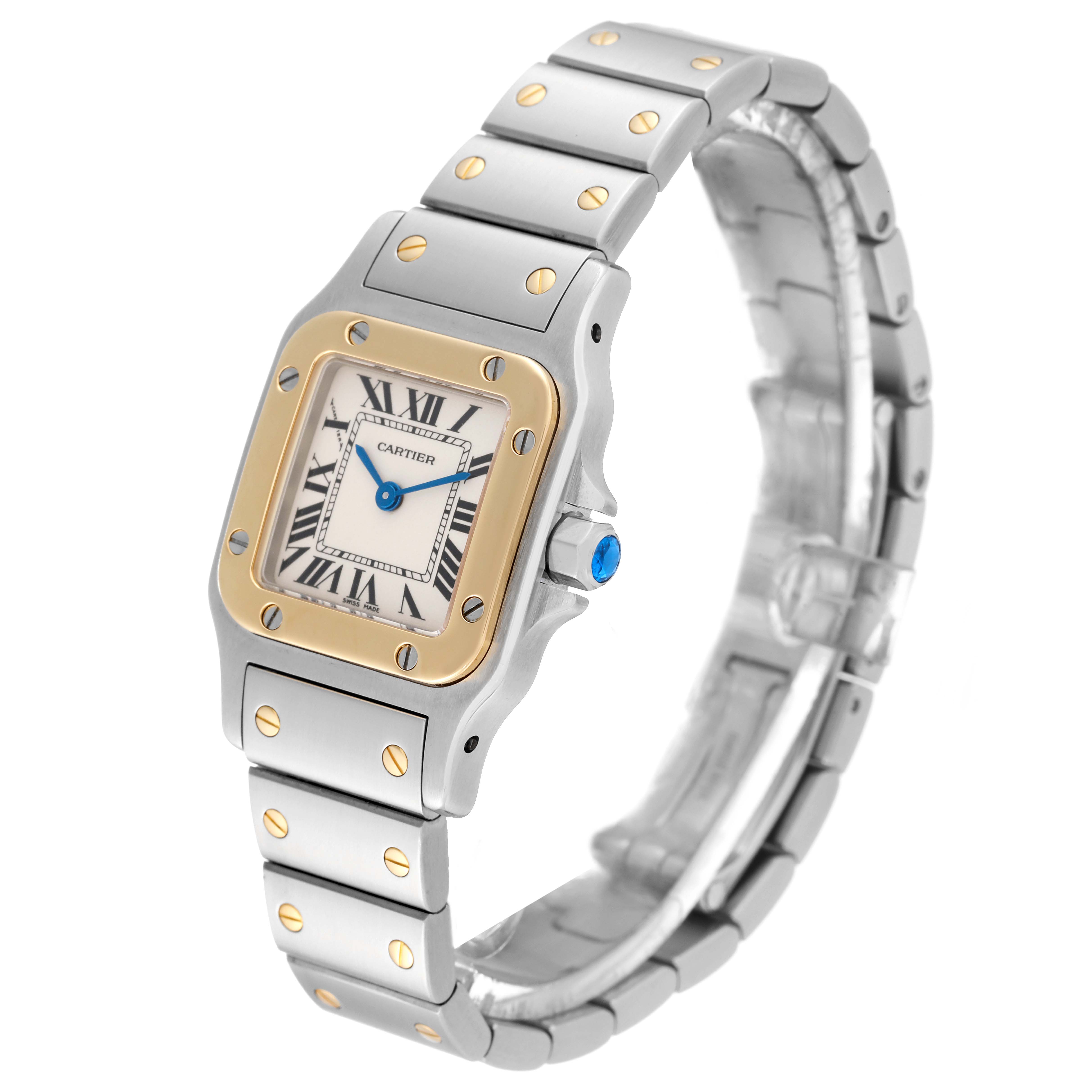 The Cartier Santos W20012C4 Women's Stainless Steel Silver Dial W20012C4 Women's Stainless Steel Silver Dial watch is shown at a three-quarter angle, highlighting the face, bezel, bracelet, and crown.