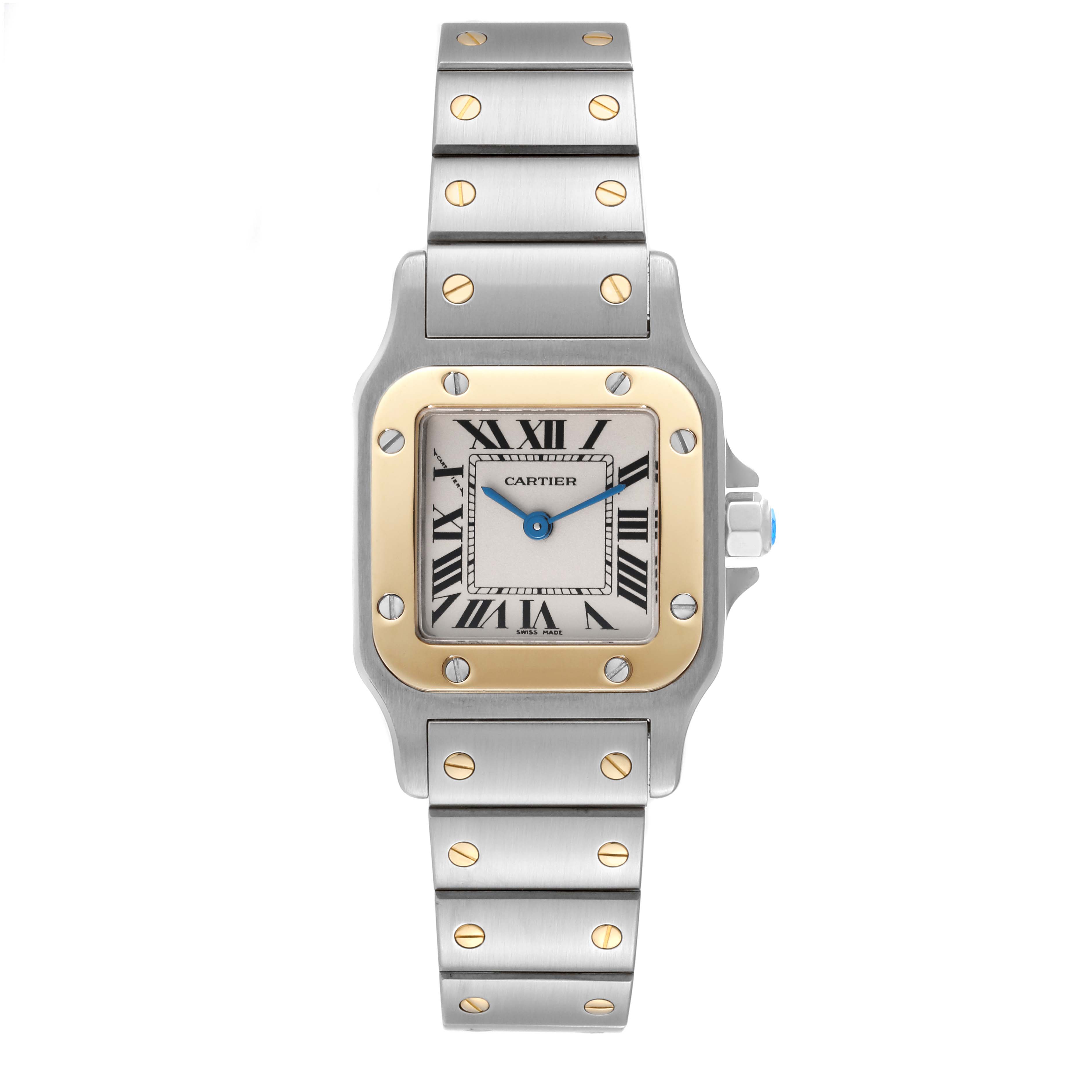 The image shows a front view of the Cartier Santos W20012C4 Women's Stainless Steel Silver Dial W20012C4 Women's Stainless Steel Silver Dial watch, highlighting its face and bracelet.