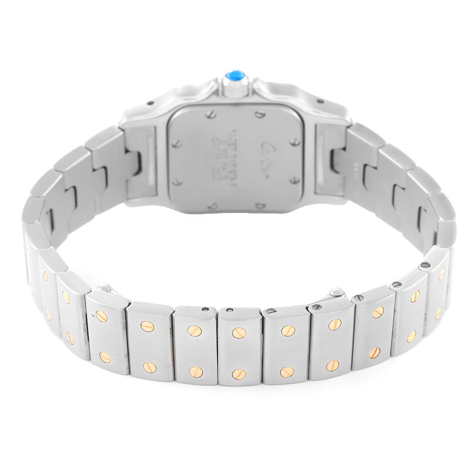 The image shows the back view of a Santos model watch by Cartier, highlighting the stainless steel bracelet and case back.