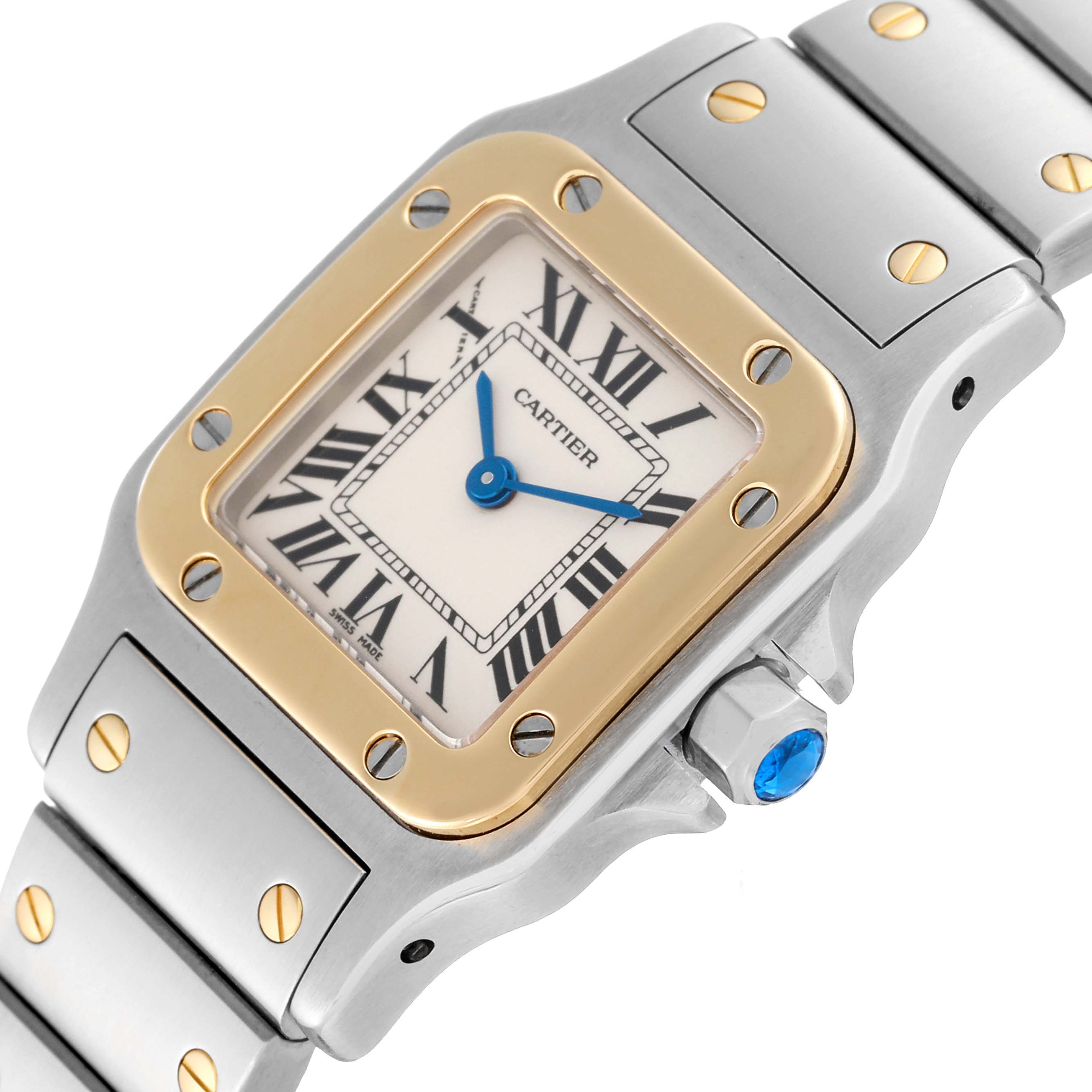 The image shows a close-up of the Cartier Santos W20012C4 Women's Stainless Steel Silver Dial W20012C4 Women's Stainless Steel Silver Dial watch face from an angled view, highlighting the dial and part of the bracelet.