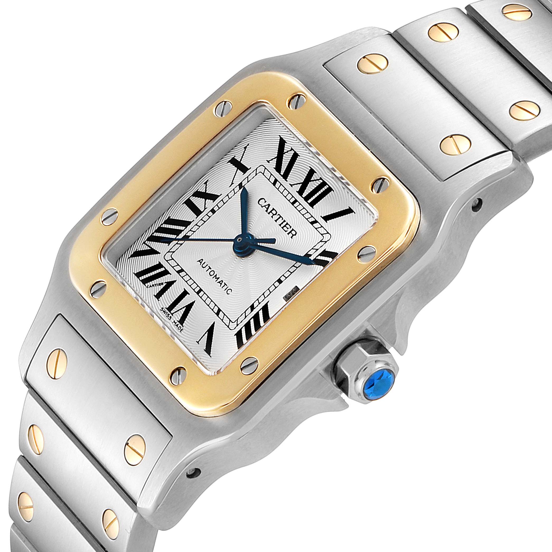 This image shows a close-up of the Cartier Santos W20058C4 Men's Stainless Steel Silver Dial W20058C4 Men's Stainless Steel Silver Dial watch, highlighting its face, bezel, and part of the metal bracelet.