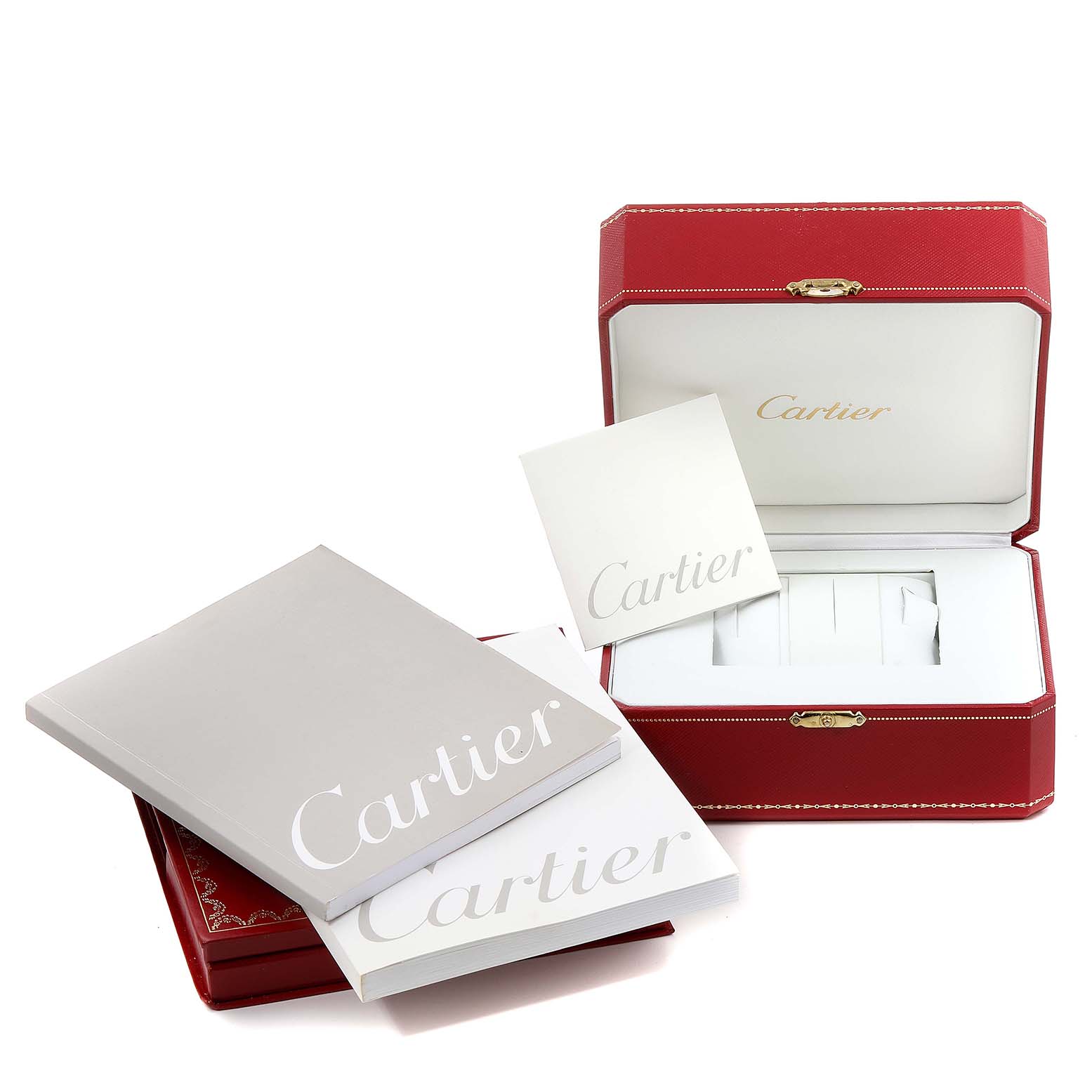 The image shows the packaging and accessories for a Cartier Santos W20058C4 Men's Stainless Steel Silver Dial W20058C4 Men's Stainless Steel Silver Dial model watch, including boxes and booklets.