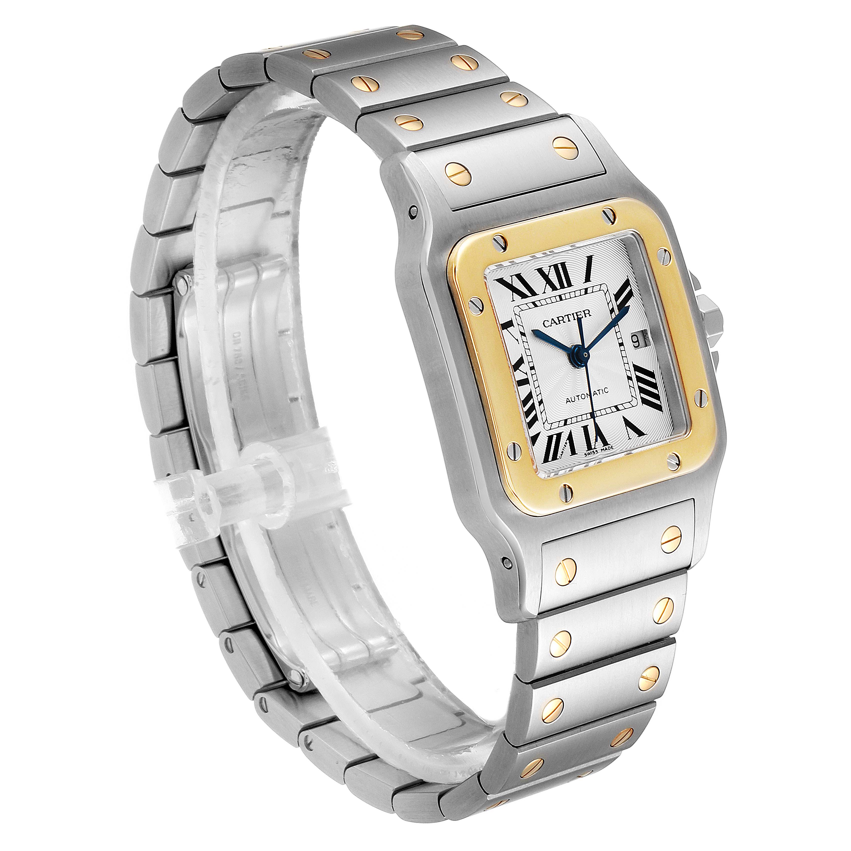The image shows a Cartier Santos W20058C4 Men's Stainless Steel Silver Dial W20058C4 Men's Stainless Steel Silver Dial watch at an angled view, highlighting the face, bezel, and bracelet.