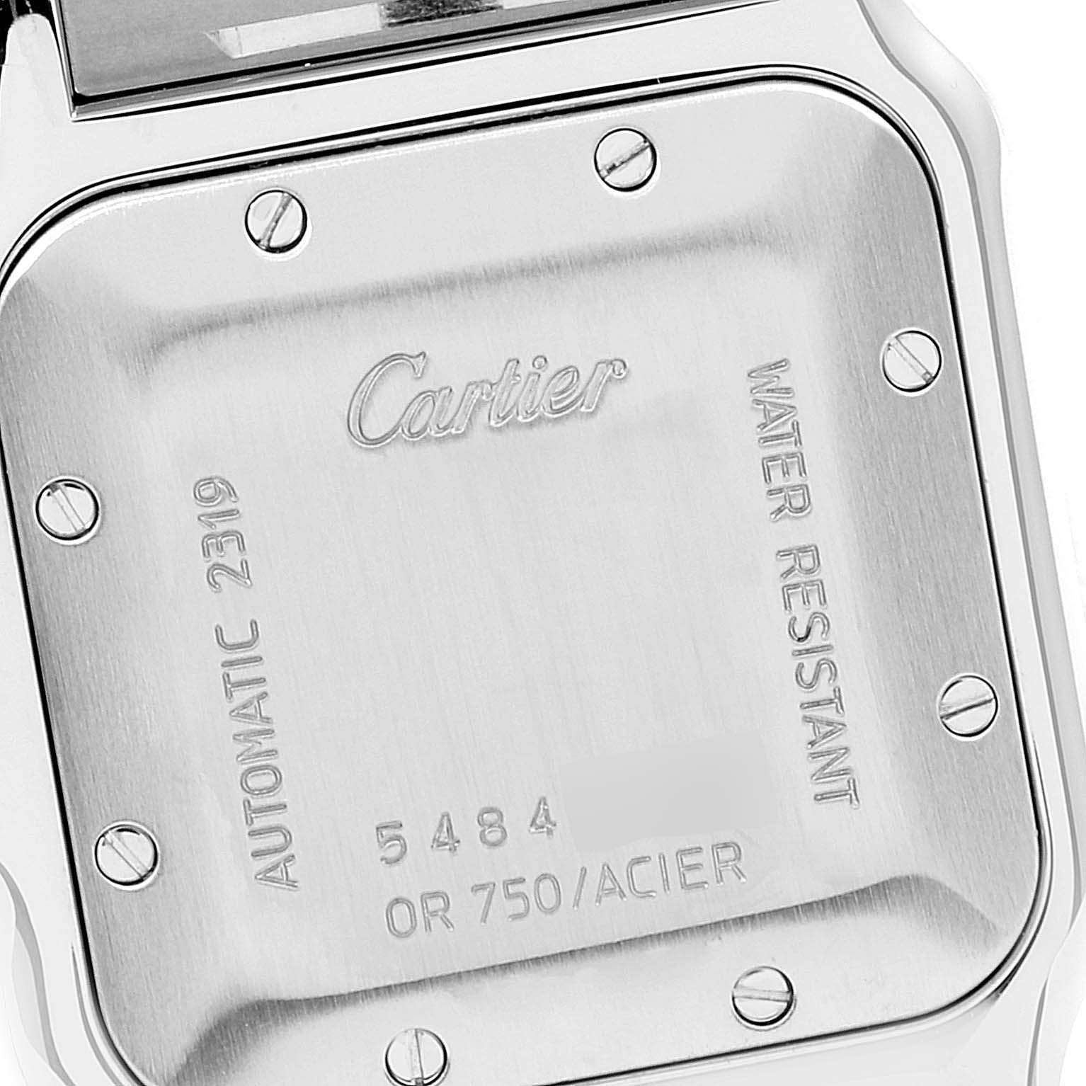 This image shows the back case of the Cartier Santos W20058C4 Men's Stainless Steel Silver Dial W20058C4 Men's Stainless Steel Silver Dial watch, displaying branding, model number, and water resistance details.