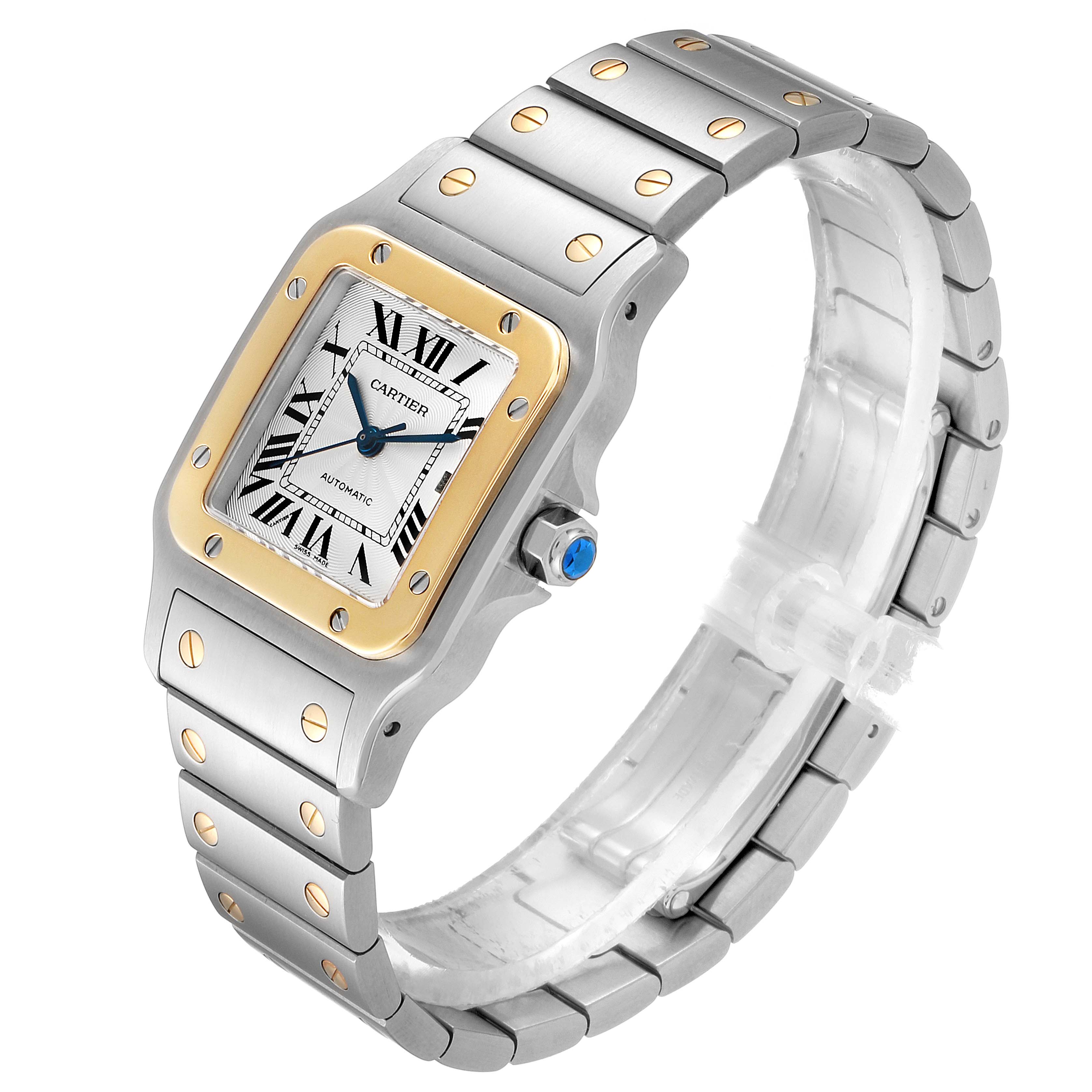 The image shows a Cartier Santos W20058C4 Men's Stainless Steel Silver Dial W20058C4 Men's Stainless Steel Silver Dial watch at a slight angle, detailing its bezel, dial, bracelet, and crown.