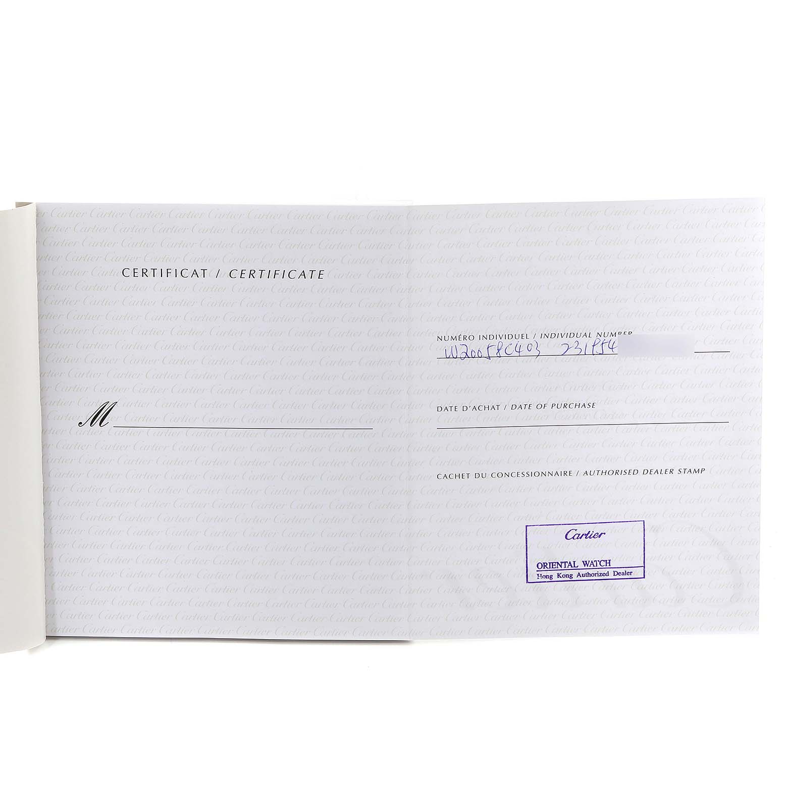 The image shows the warranty certificate for the Santos model by Cartier, including individual number, date of purchase, and authorized dealer stamp.