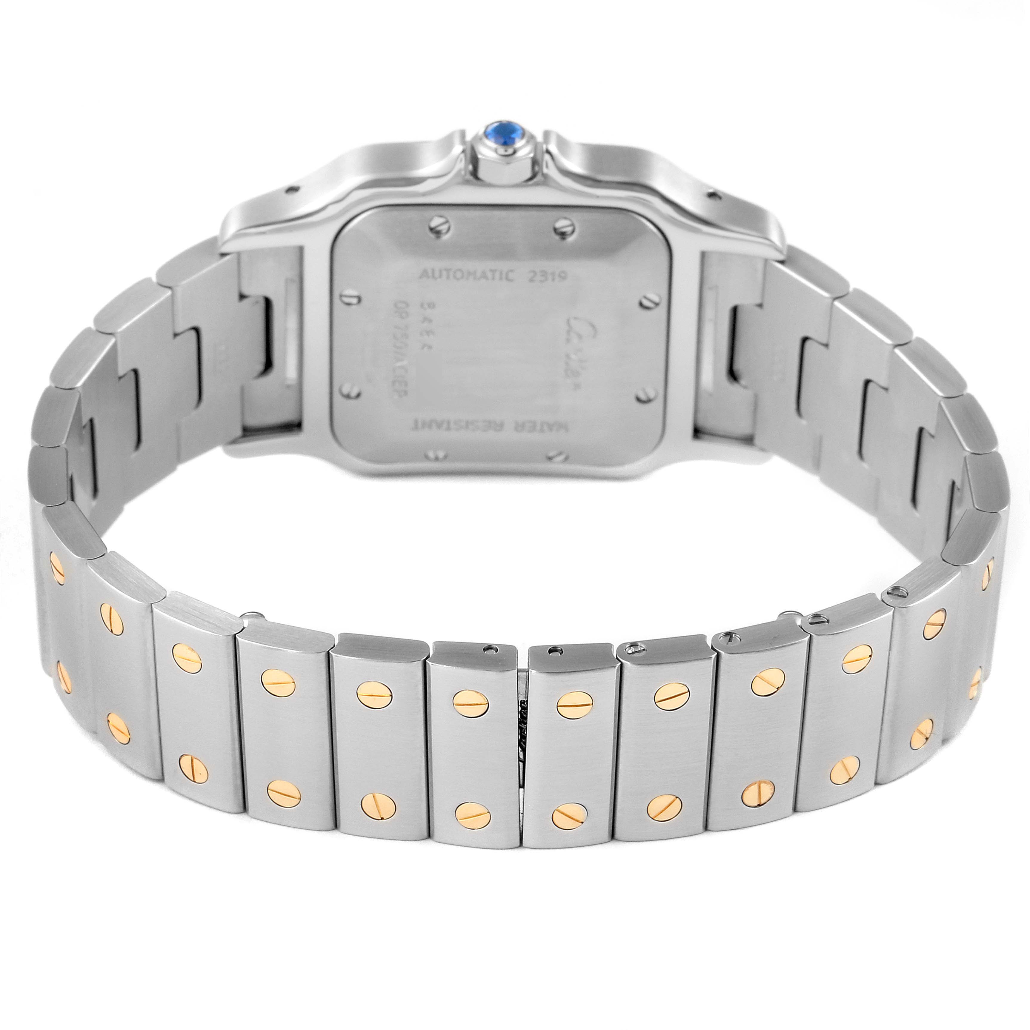 The image shows the back of the Cartier Santos W20058C4 Men's Stainless Steel Silver Dial W20058C4 Men's Stainless Steel Silver Dial watch, highlighting the bracelet and case back.