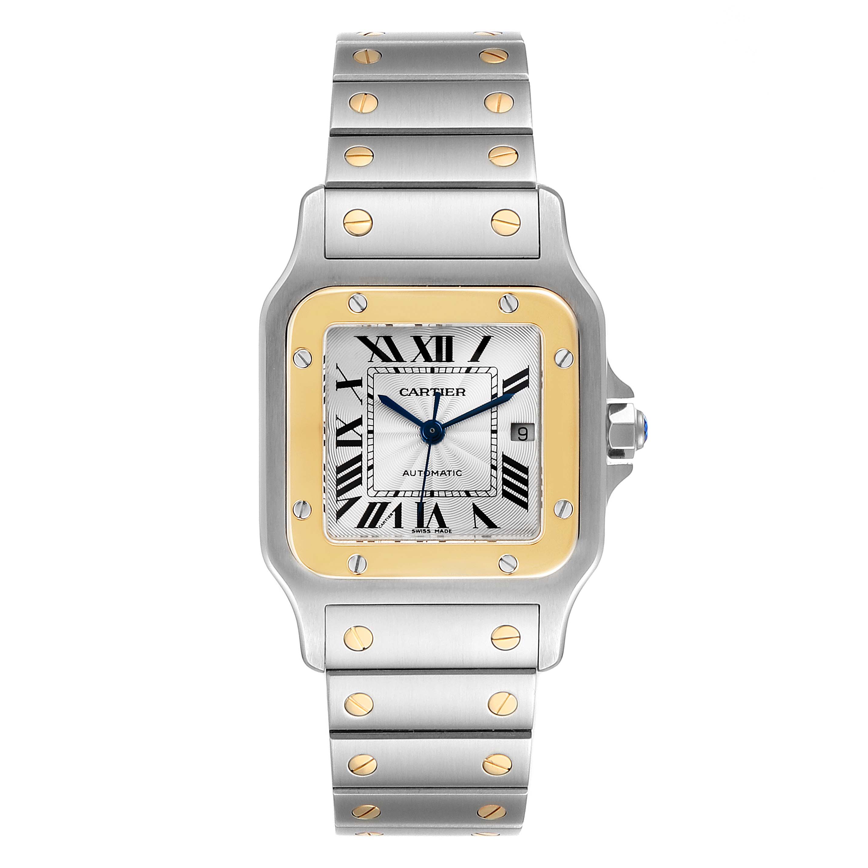 The image shows a front view of the entire watch, including the face, case, and bracelet, of the Cartier Santos W20058C4 Men's Stainless Steel Silver Dial W20058C4 Men's Stainless Steel Silver Dial model.