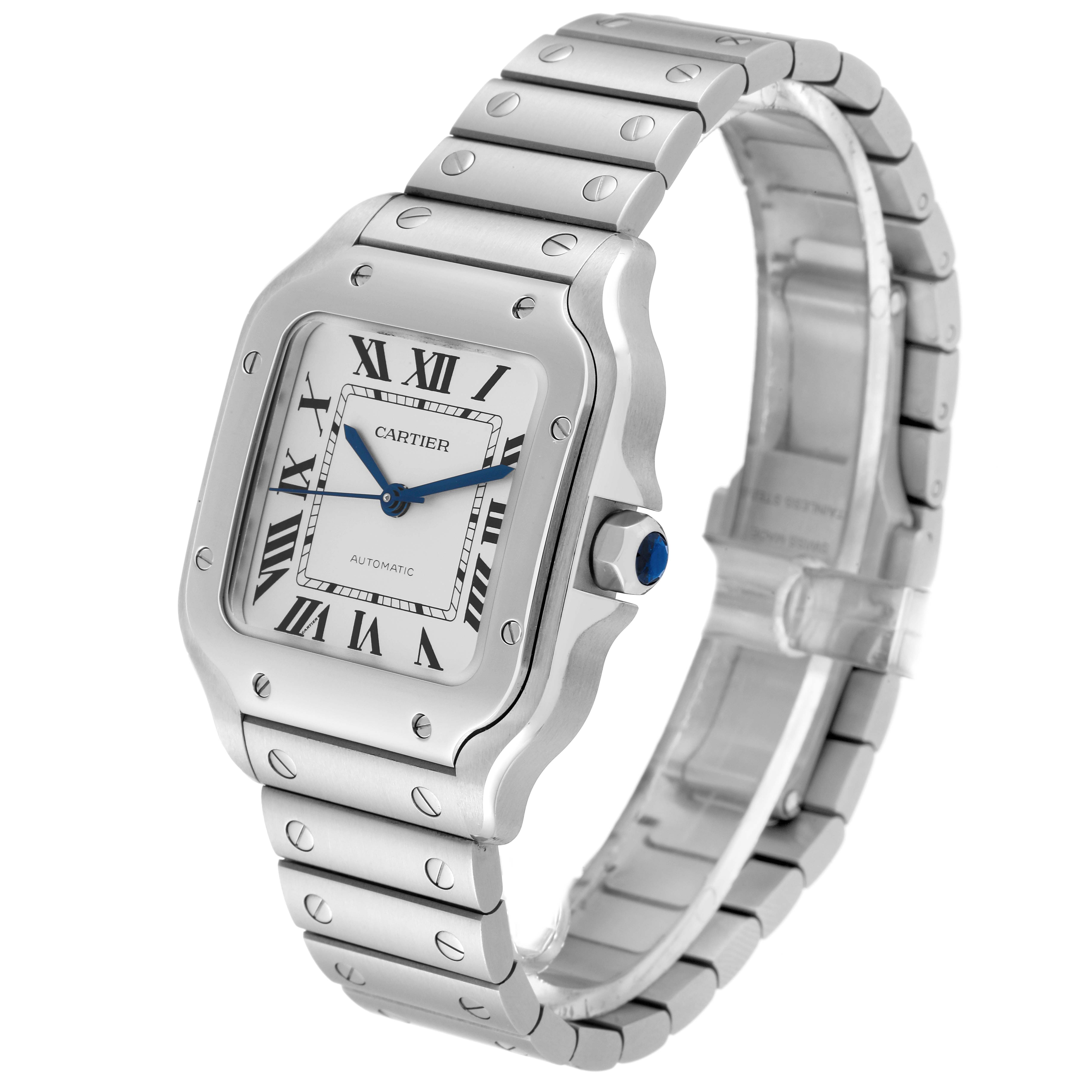 The image shows a Cartier Santos WSSA0029 Men
s Stainless Steel Silver Dial WSSA0029 Men
s Stainless Steel Silver Dial model watch from an angled side view, highlighting its face, bezel, band, and crown.