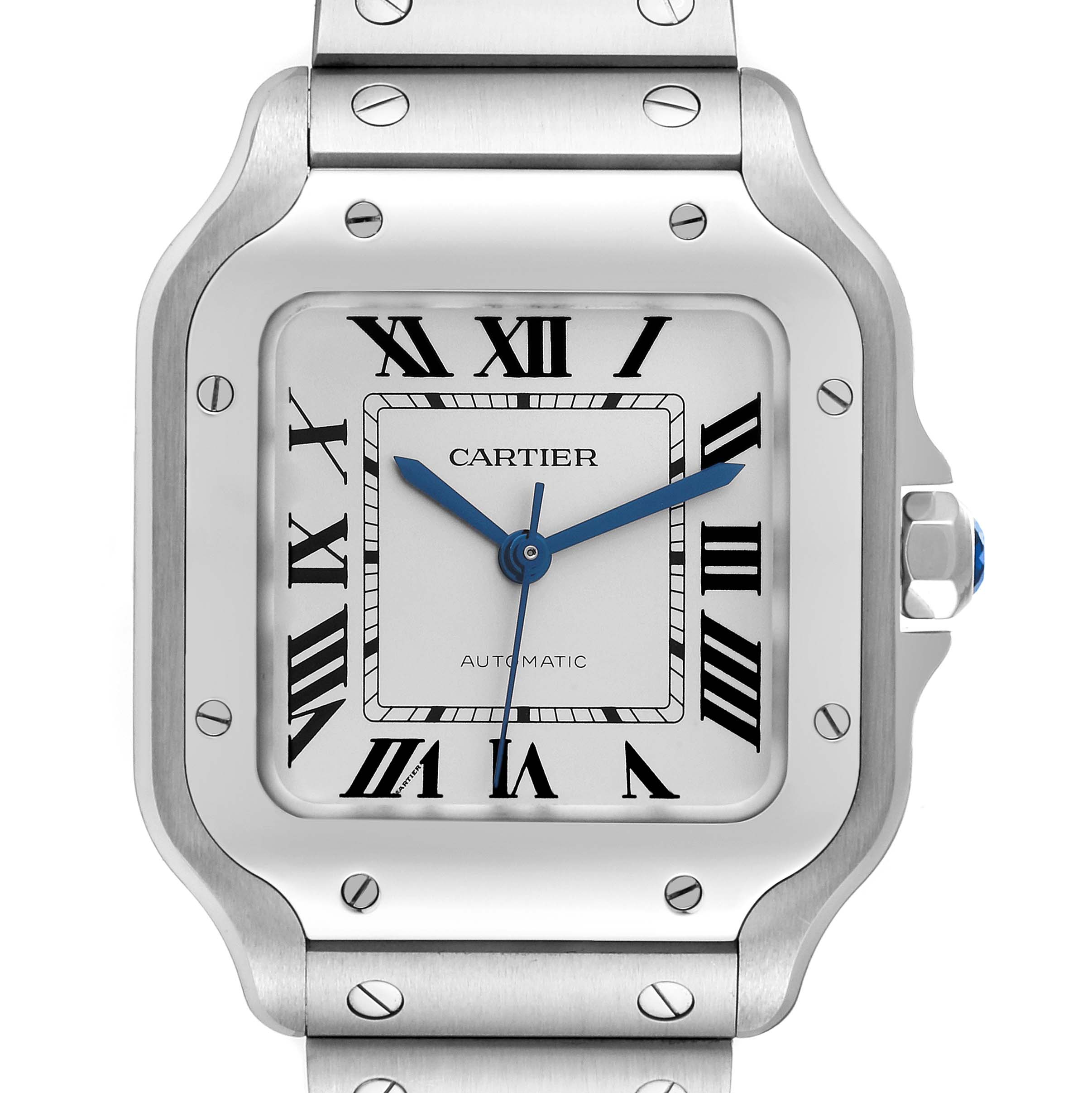 This image shows a close-up front view of the Cartier Santos WSSA0029 Men
s Stainless Steel Silver Dial WSSA0029 Men
s Stainless Steel Silver Dial watch, displaying the face, bezel, and part of the bracelet.