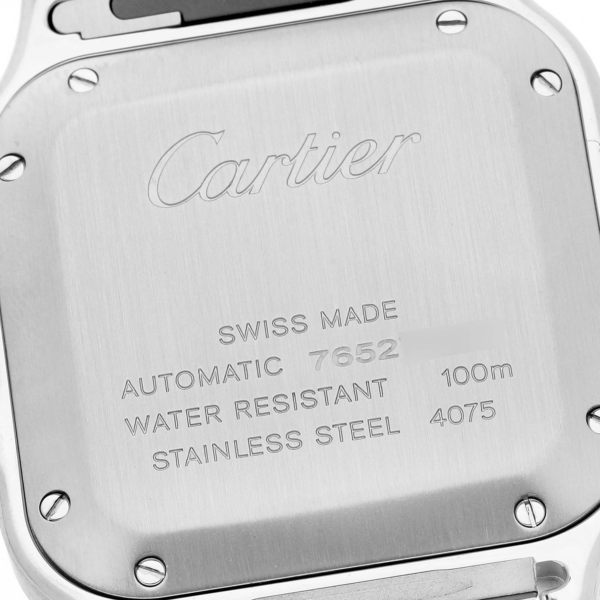 This image shows the back case of the Santos model watch by Cartier.