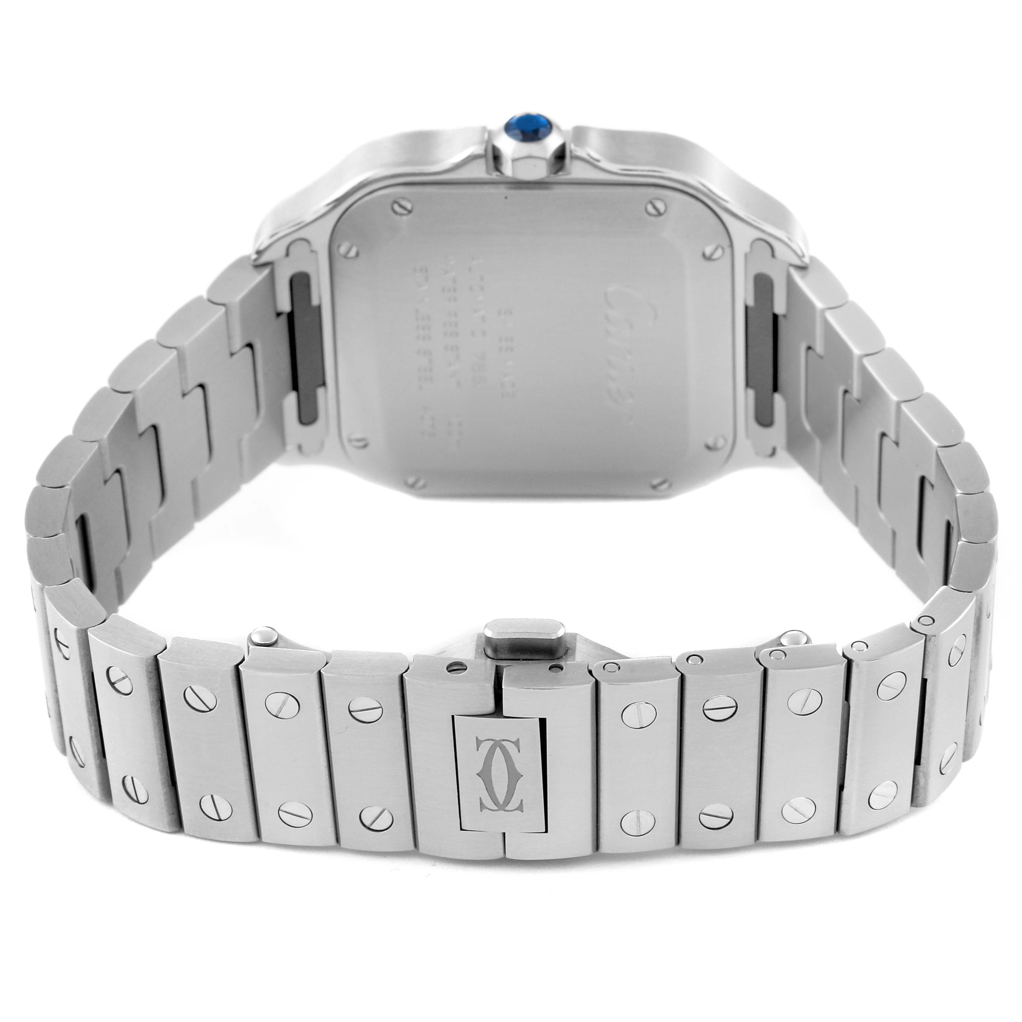 The image shows the back case and bracelet of a Cartier Santos WSSA0029 Men
s Stainless Steel Silver Dial WSSA0029 Men
s Stainless Steel Silver Dial watch, with its clasp and screw details visible.