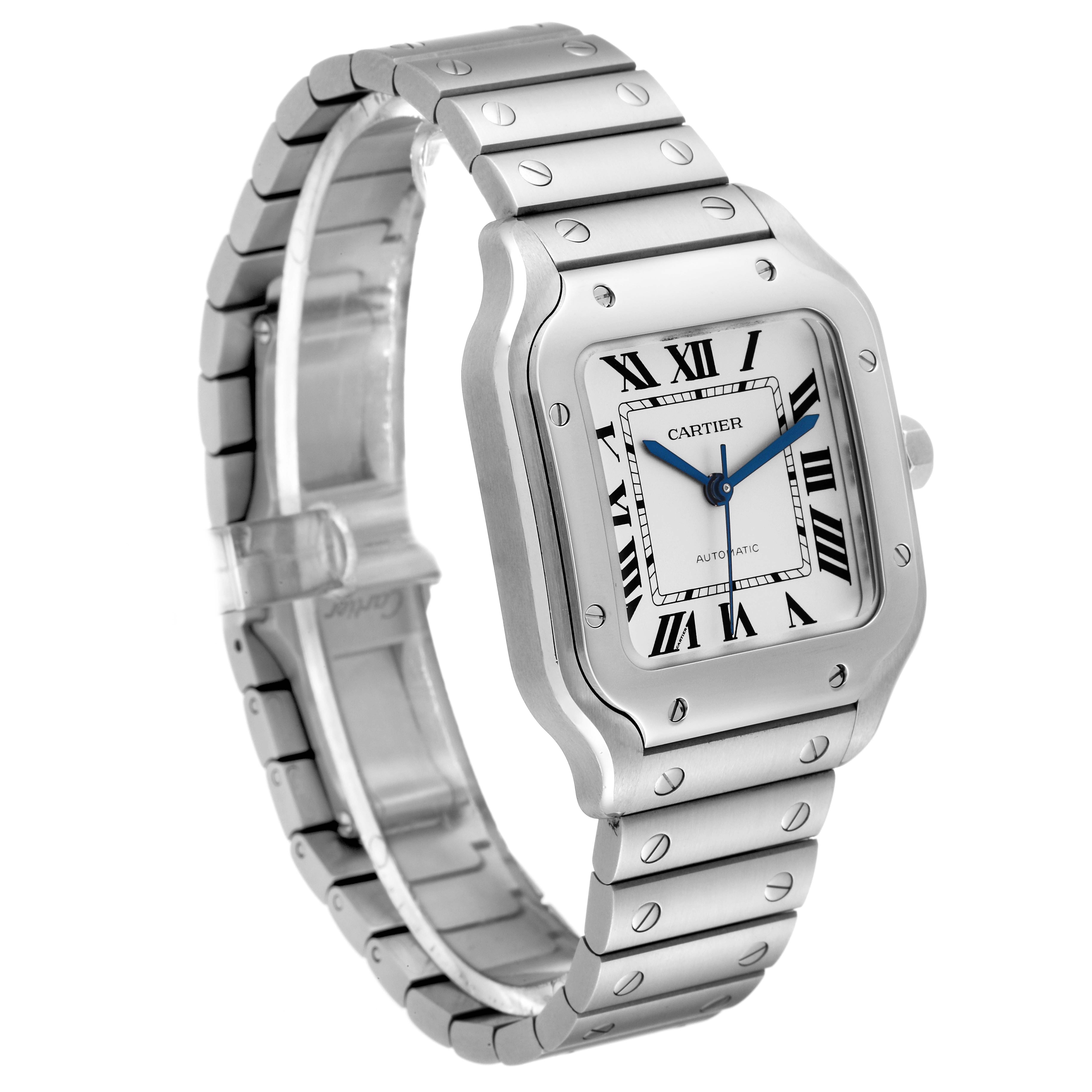This image shows a Cartier Santos WSSA0029 Men
s Stainless Steel Silver Dial WSSA0029 Men
s Stainless Steel Silver Dial watch at a three-quarter angle, highlighting its face, bezel, and part of the bracelet.
