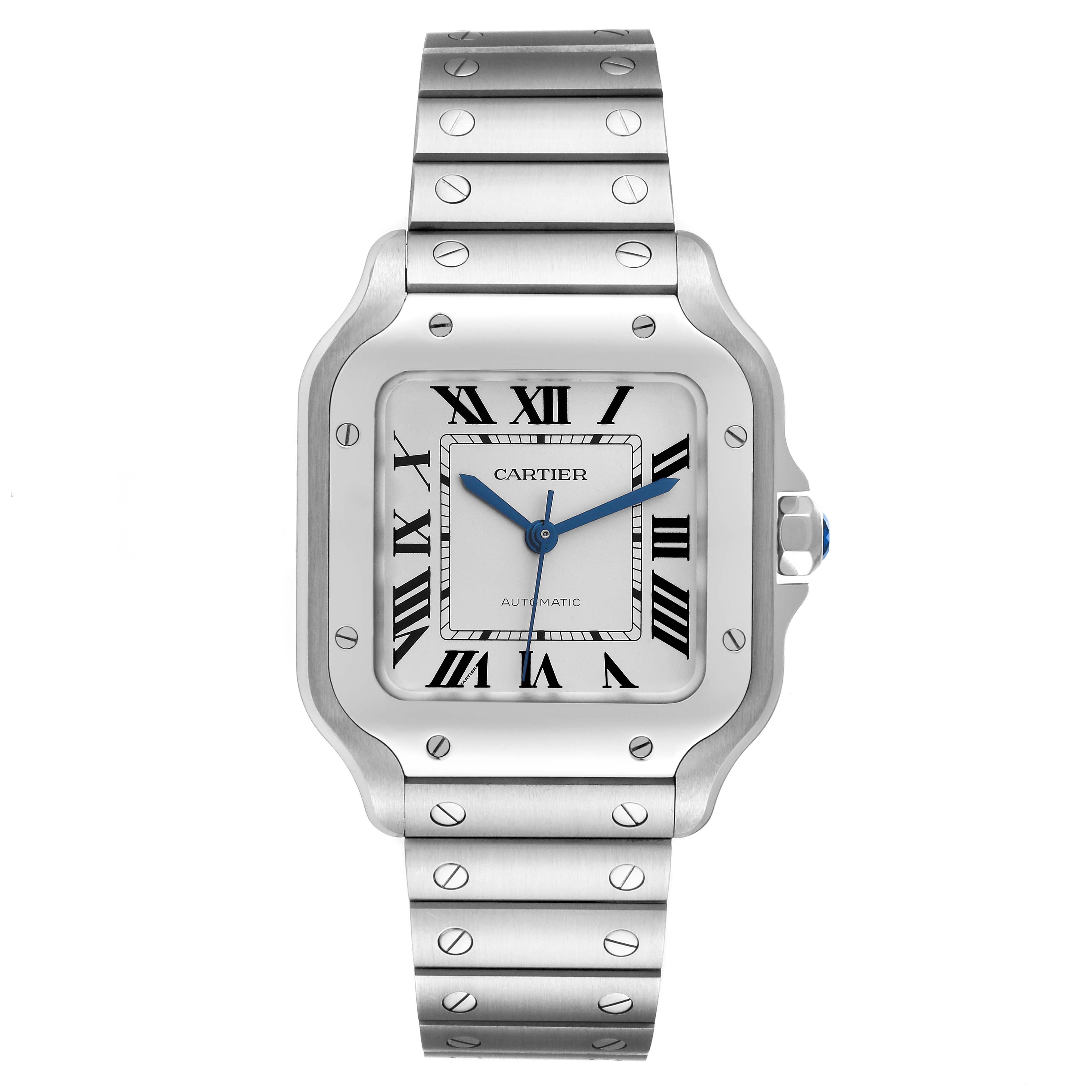 The image shows a front view of the Cartier Santos WSSA0029 Men
s Stainless Steel Silver Dial WSSA0029 Men
s Stainless Steel Silver Dial watch, displaying its face, bezel, and bracelet.