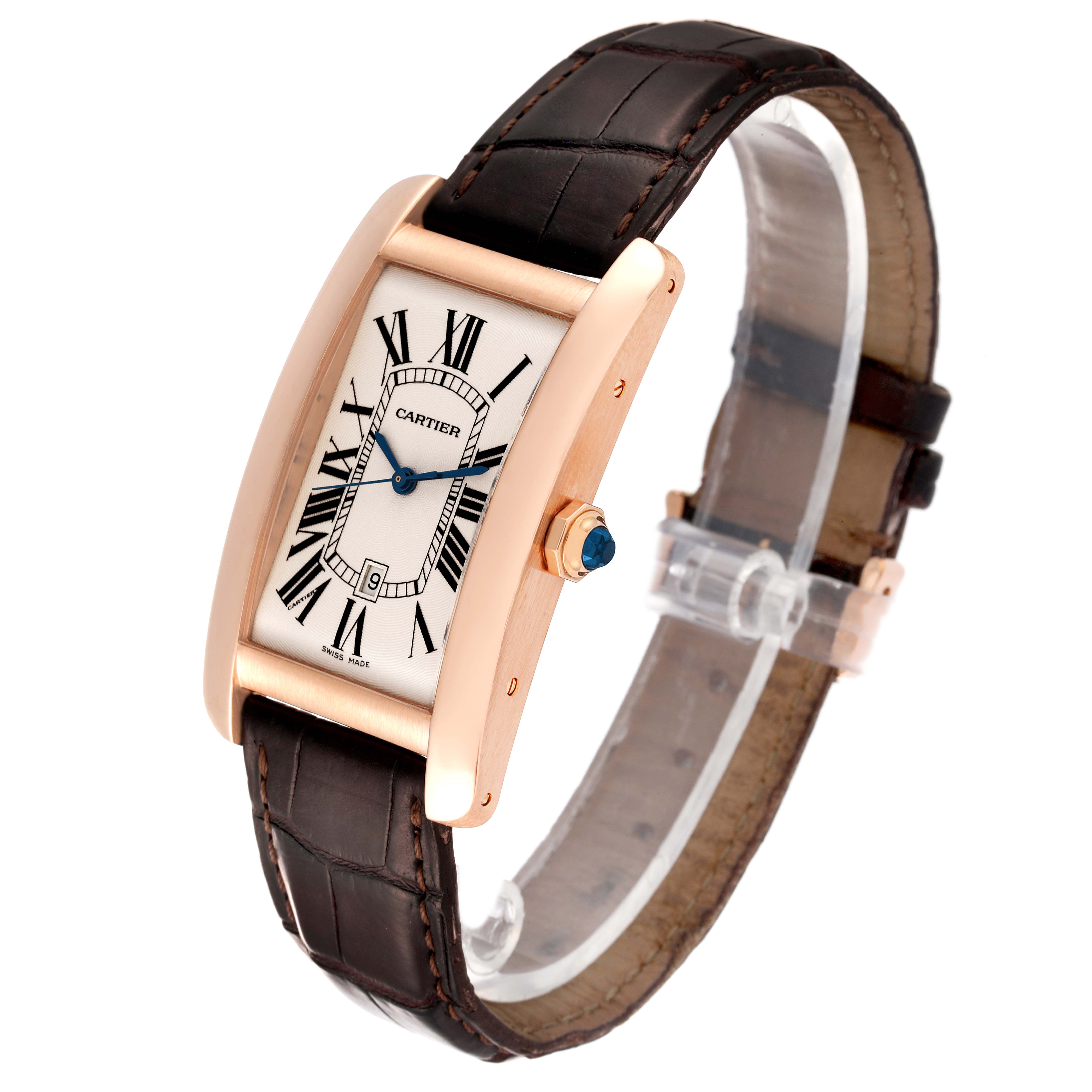 The image shows a side-angle view of a Cartier Tank Americaine W2609156 Men's Rose Gold Silver Dial W2609156 Men's Rose Gold Silver Dial watch, highlighting its rectangular face, roman numerals, and leather strap.