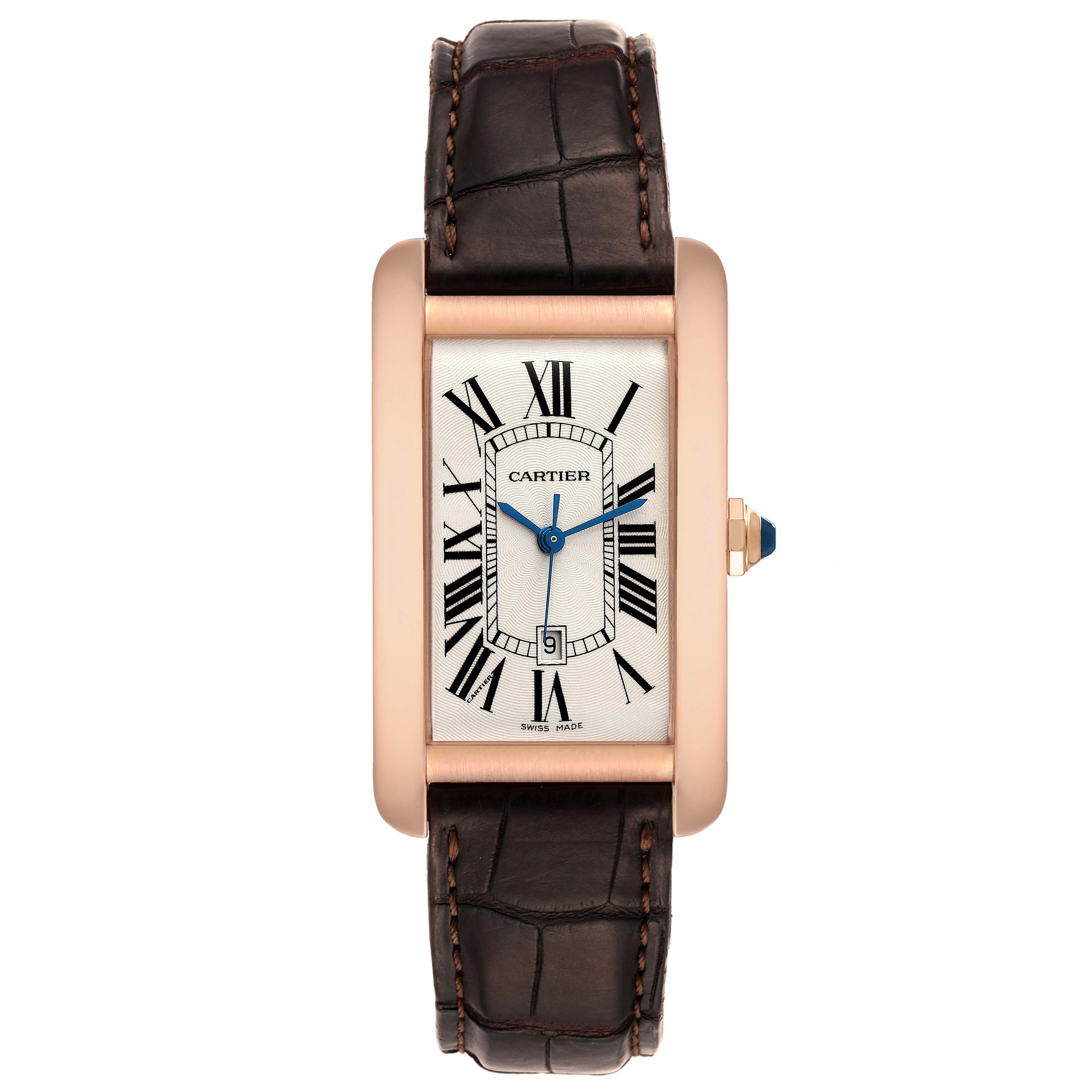 The image shows a front view of the Cartier Tank Americaine W2609156 Men's Rose Gold Silver Dial W2609156 Men's Rose Gold Silver Dial watch with its rectangular dial, Roman numerals, blued hands, and leather strap.