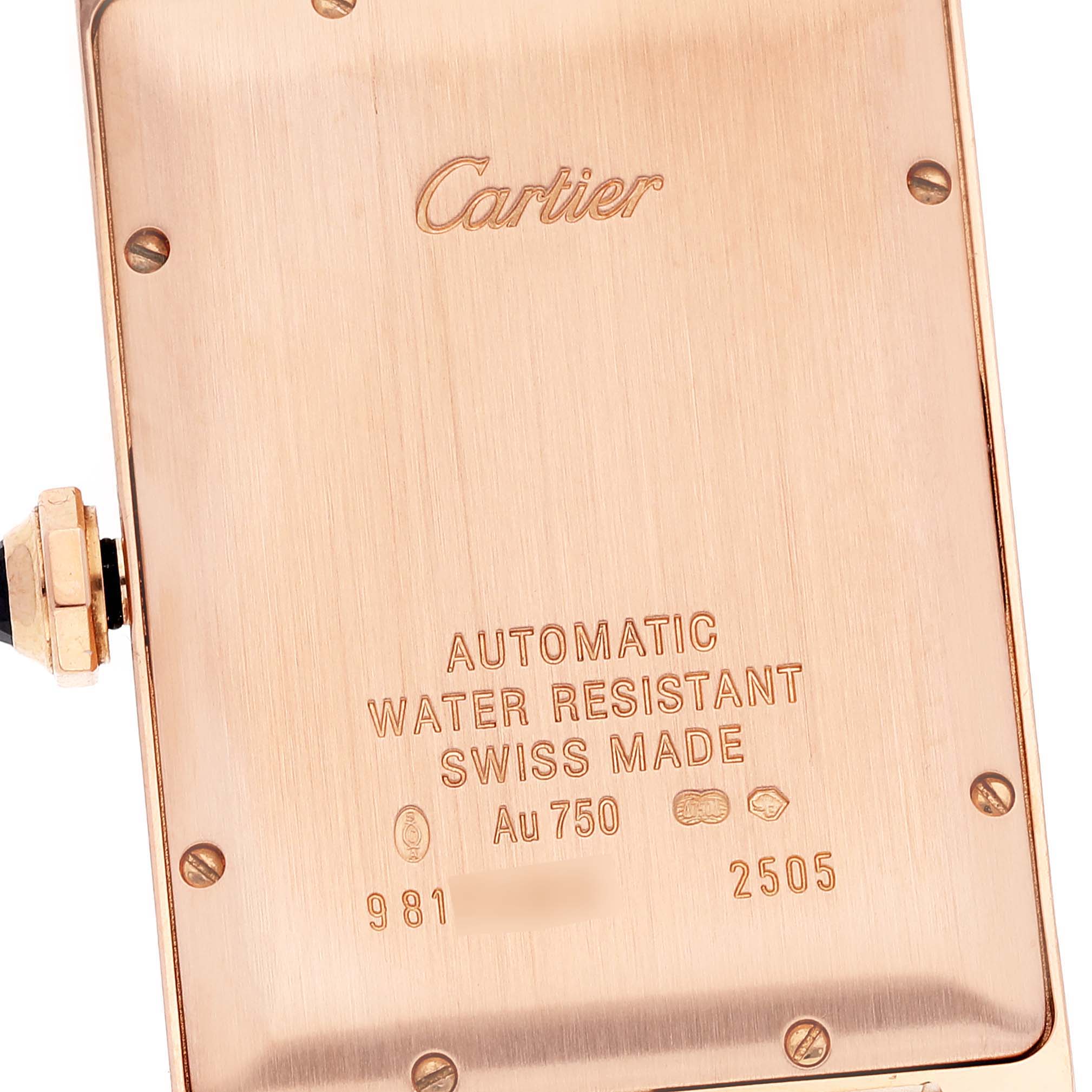 The image shows the back case of a Cartier Tank Americaine W2609156 Men's Rose Gold Silver Dial W2609156 Men's Rose Gold Silver Dial watch, displaying its specifications and branding.