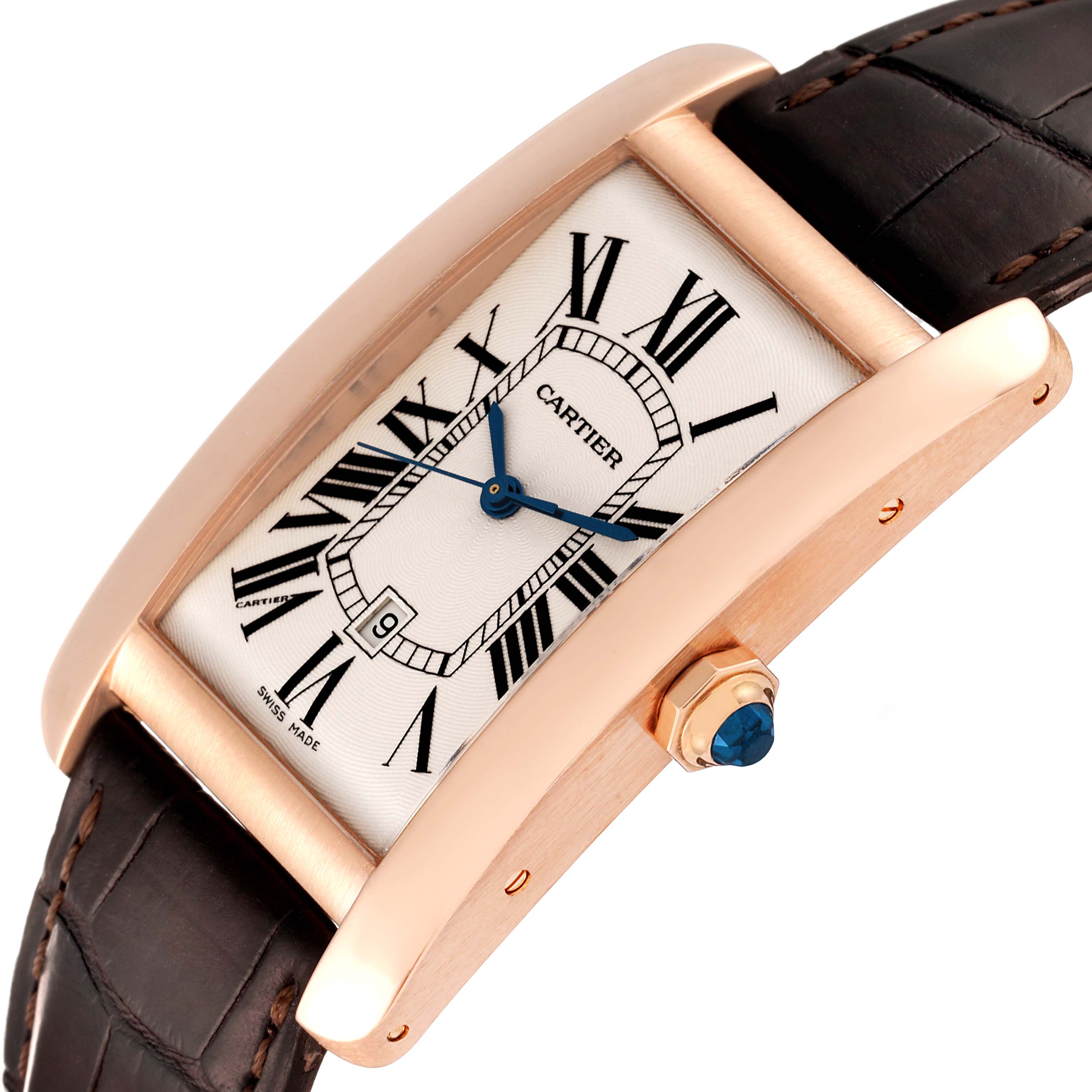 This image shows a Cartier Tank Americaine W2609156 Men's Rose Gold Silver Dial W2609156 Men's Rose Gold Silver Dial watch at an angle, highlighting its rectangular dial, Roman numerals, and leather strap.