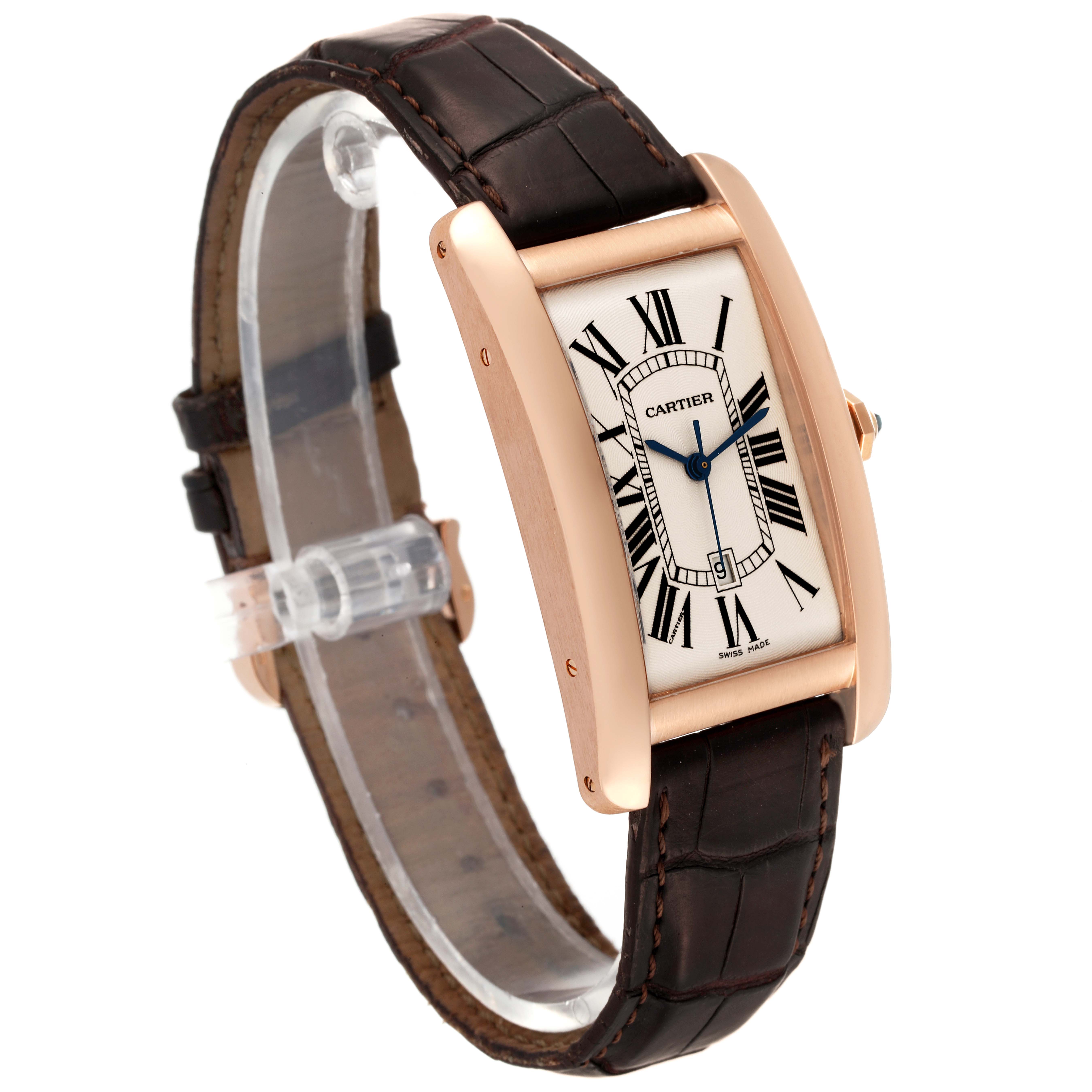 The image displays a Cartier Tank Americaine W2609156 Men's Rose Gold Silver Dial W2609156 Men's Rose Gold Silver Dial watch at a slight angle, showcasing its face, case, and leather strap.
