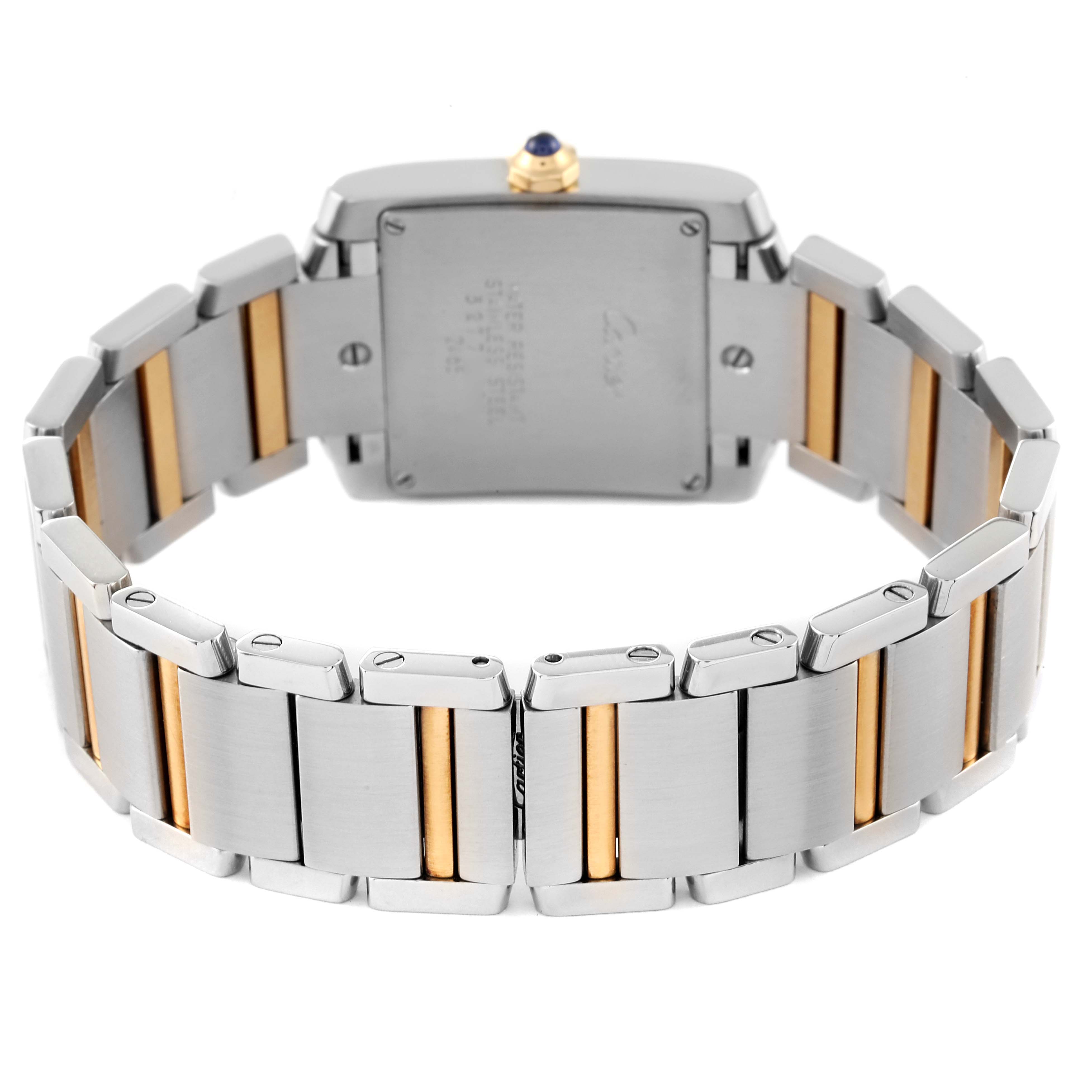 The image shows the rear view of a Cartier Tank Française watch, highlighting the back case and bracelet.