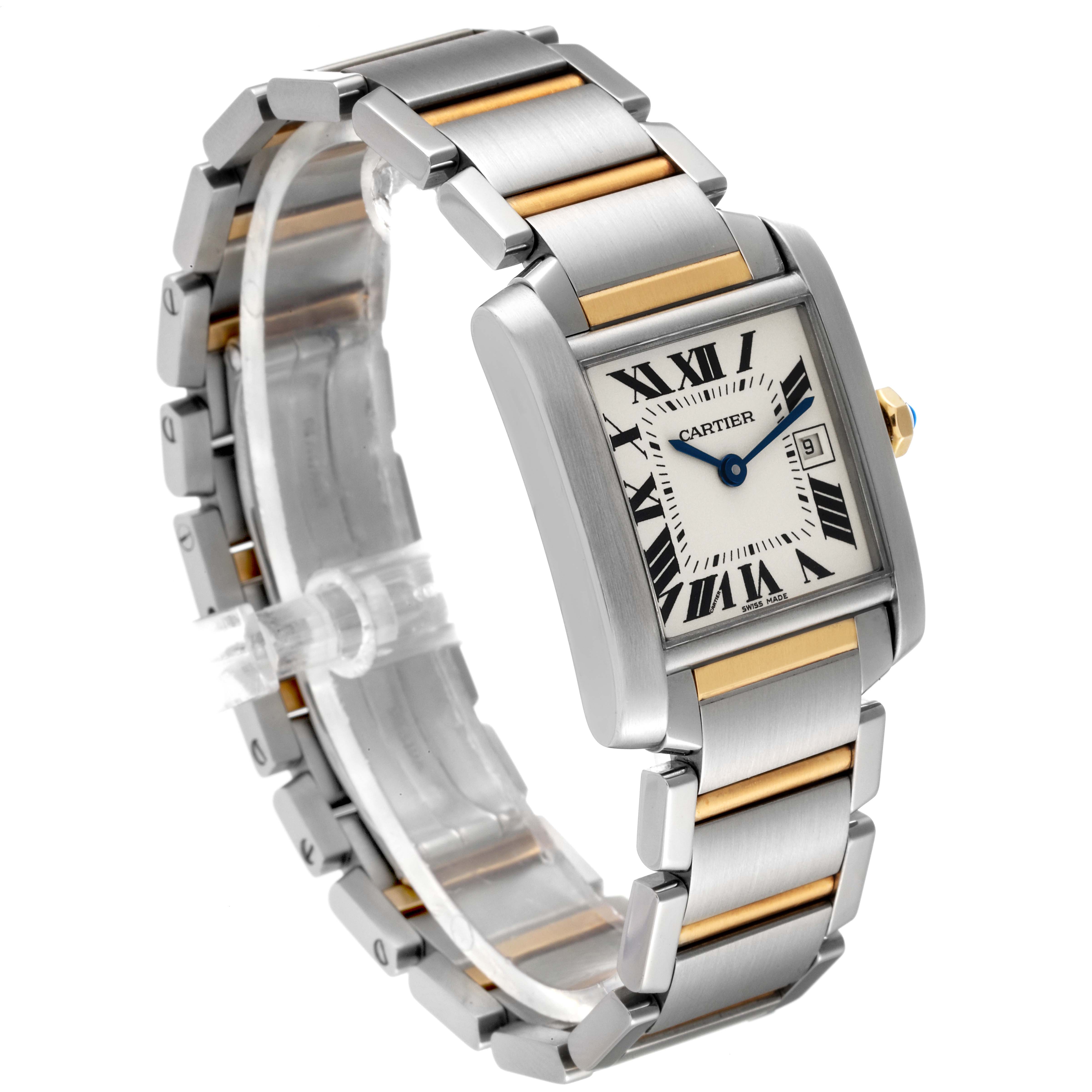 The image shows a Cartier Tank Francaise W51012Q4 Women's Steel and Gold (two tone) Silver Dial W51012Q4 Women's Steel and Gold (two tone) Silver Dial watch at a three-quarter angle, highlighting the dial, bracelet, and side profile.