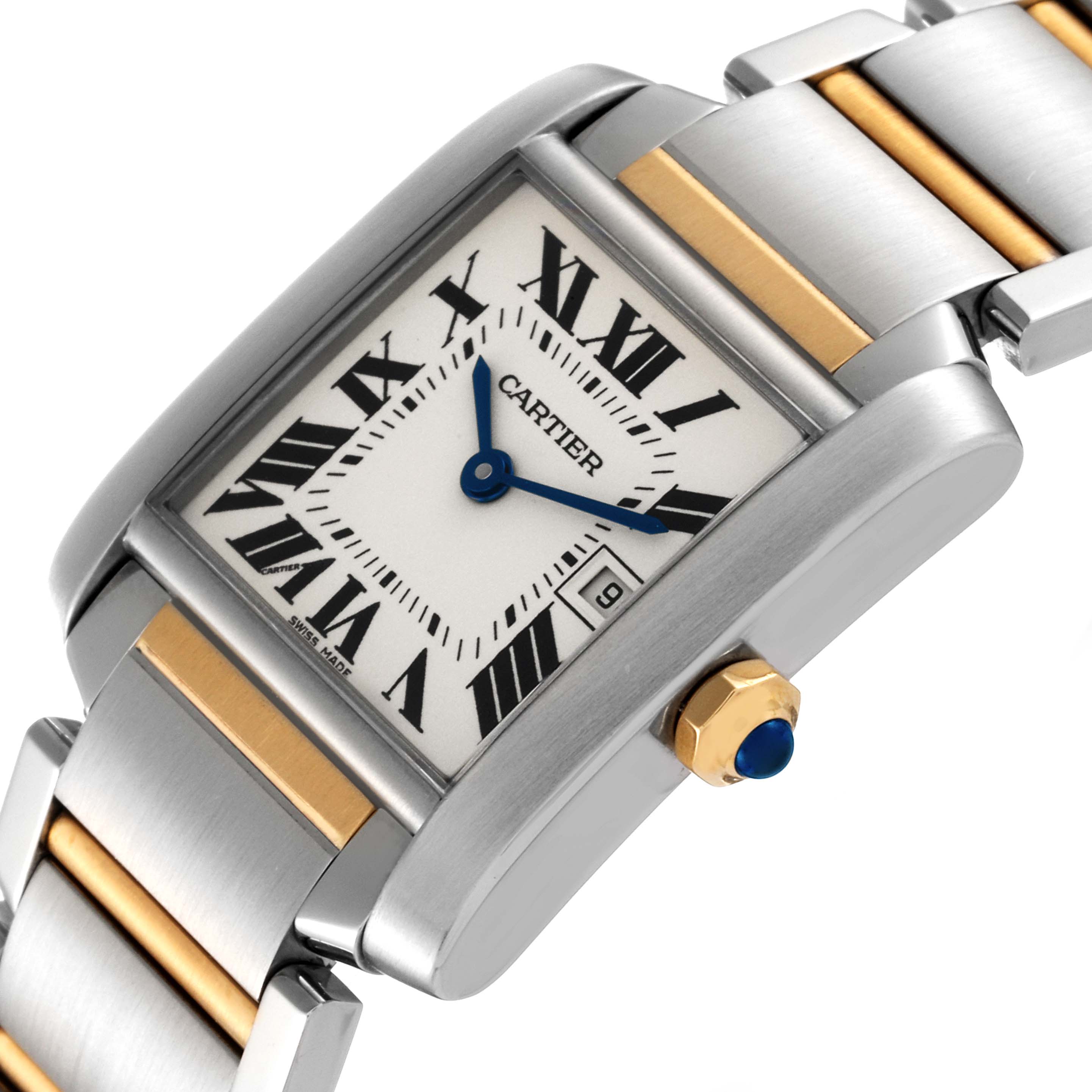 The Cartier Tank Francaise W51012Q4 Women's Steel and Gold (two tone) Silver Dial W51012Q4 Women's Steel and Gold (two tone) Silver Dial watch is shown at a slight angle, highlighting the face, bracelet, and crown details.