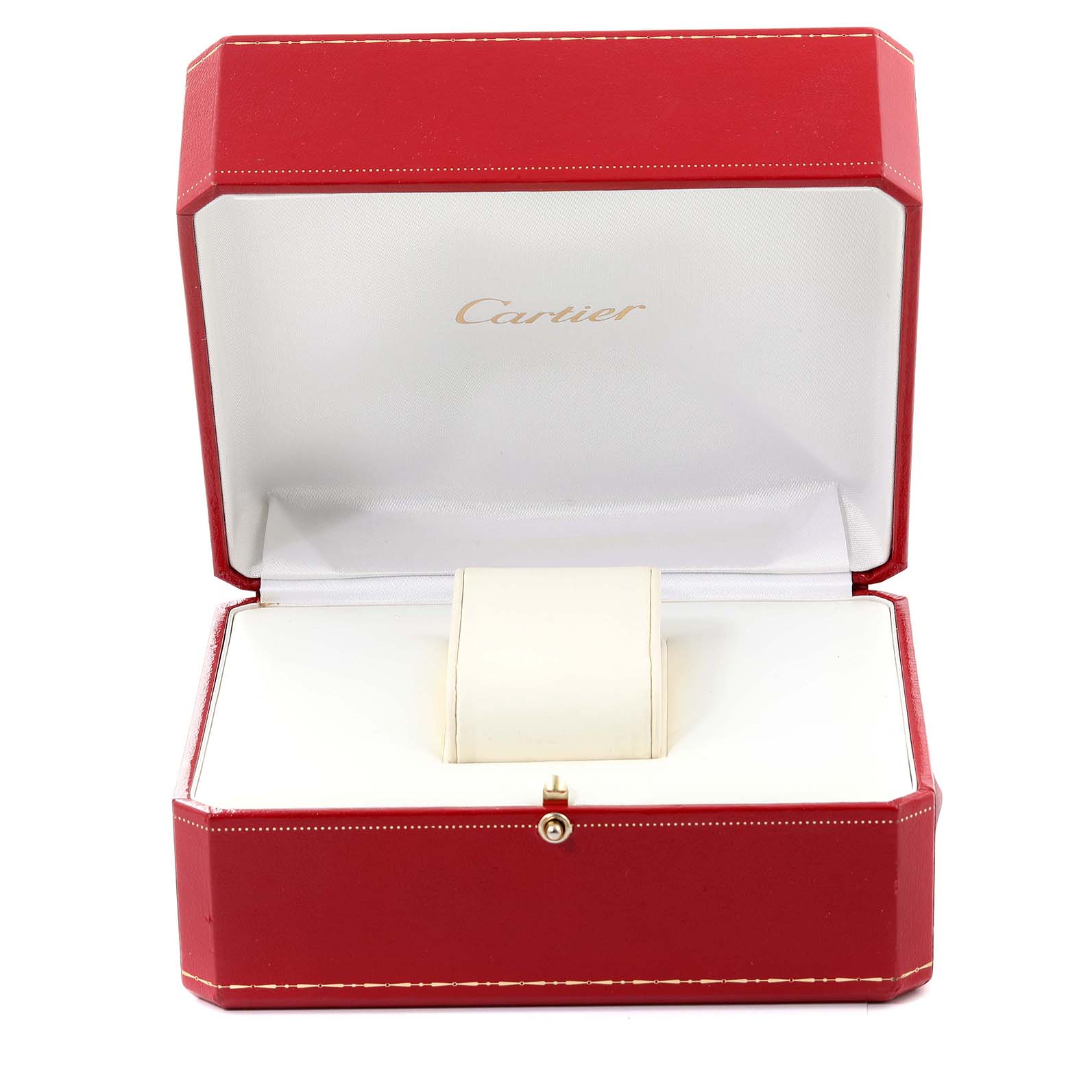 This image shows an open red Cartier box for the Tank Francaise model, featuring the inner watch cushion and "Cartier" inscription on the lid.