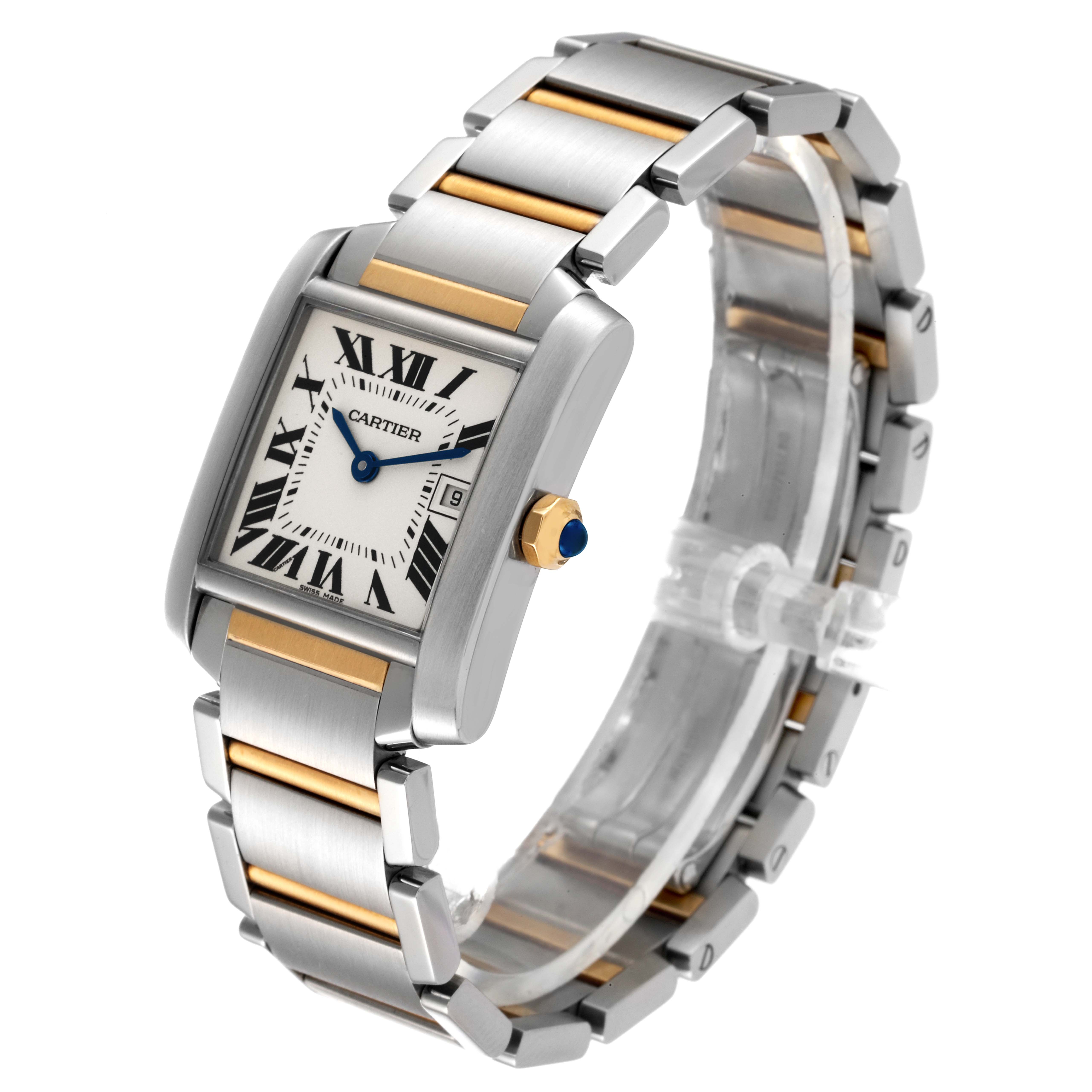 The Cartier Tank Francaise W51012Q4 Women's Steel and Gold (two tone) Silver Dial W51012Q4 Women's Steel and Gold (two tone) Silver Dial watch is shown at an angle highlighting the face, metal bracelet, and side crown.