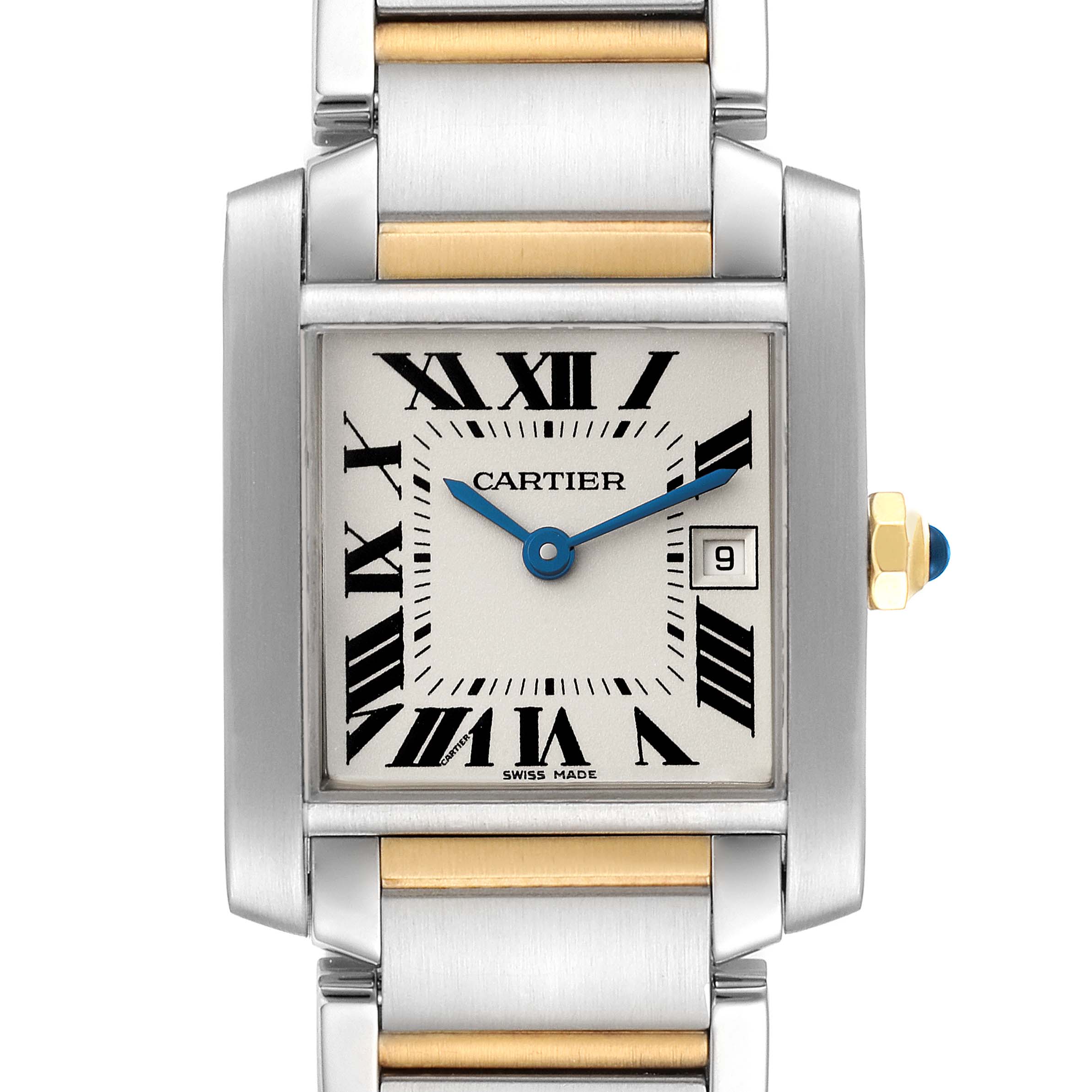 The image shows the Cartier Tank Francaise W51012Q4 Women's Steel and Gold (two tone) Silver Dial W51012Q4 Women's Steel and Gold (two tone) Silver Dial watch from a front angle, highlighting its face, hands, bracelet, and crown.