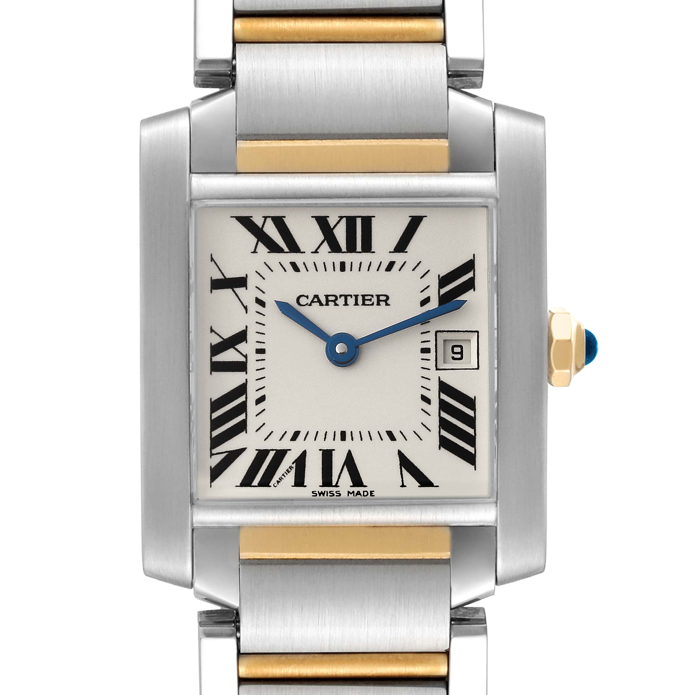 This image shows a front view of the Cartier Tank Française watch, highlighting its face, dial, and bracelet.