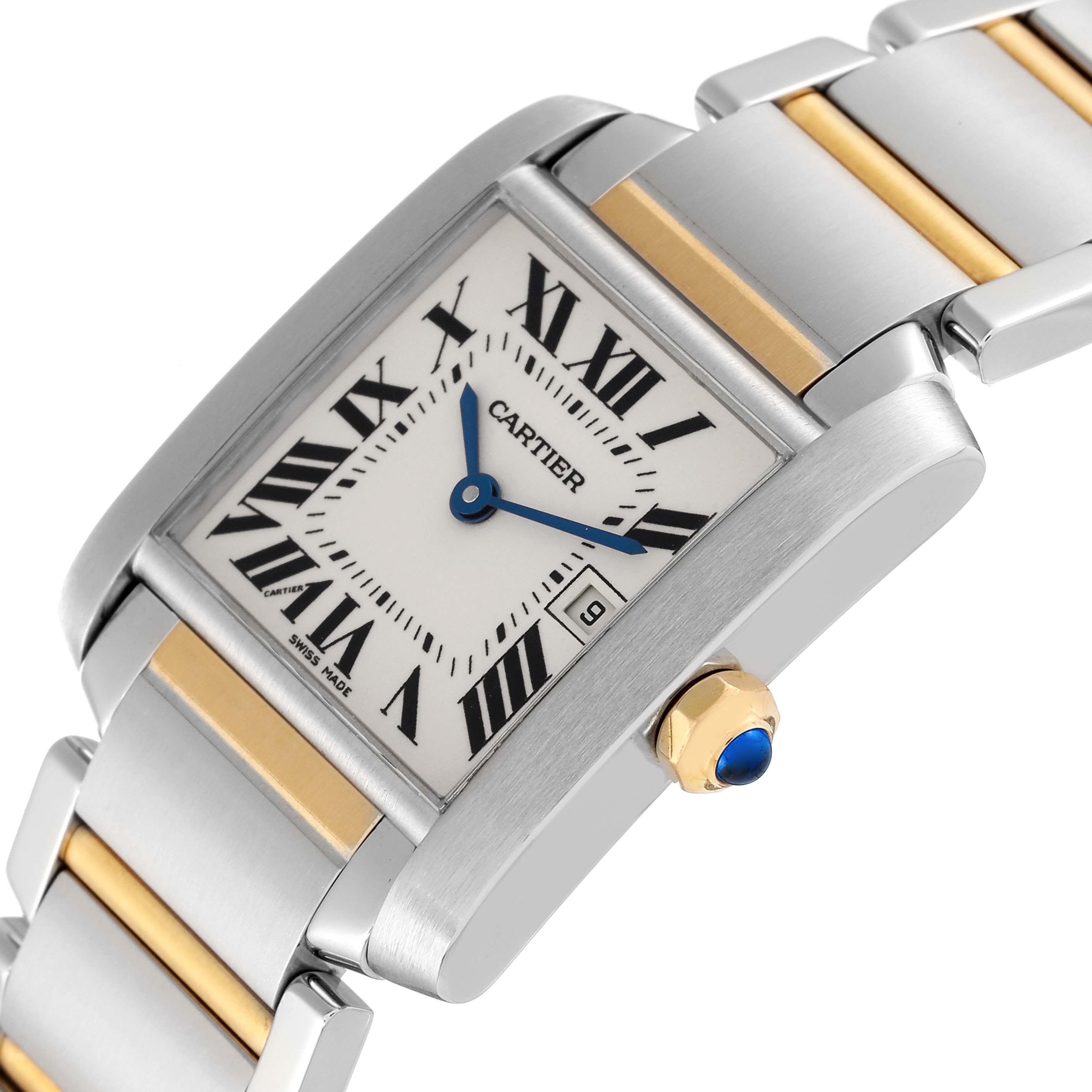 The image shows a close-up of the Cartier Tank Française watch, highlighting the dial, Roman numerals, hands, and part of the bracelet.
