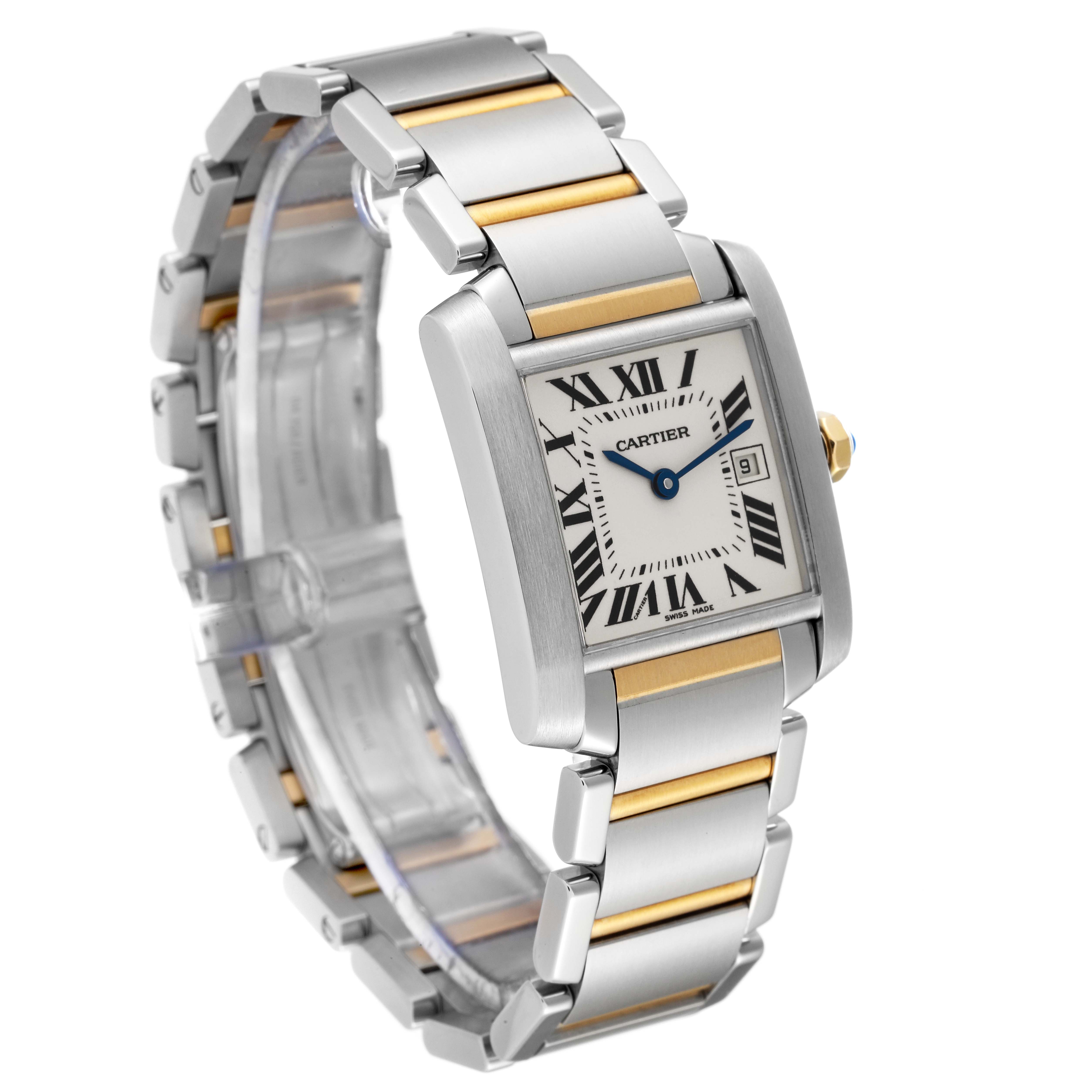 The image shows a Cartier Tank Française watch at a three-quarter angle displaying the face, bracelet, and crown.